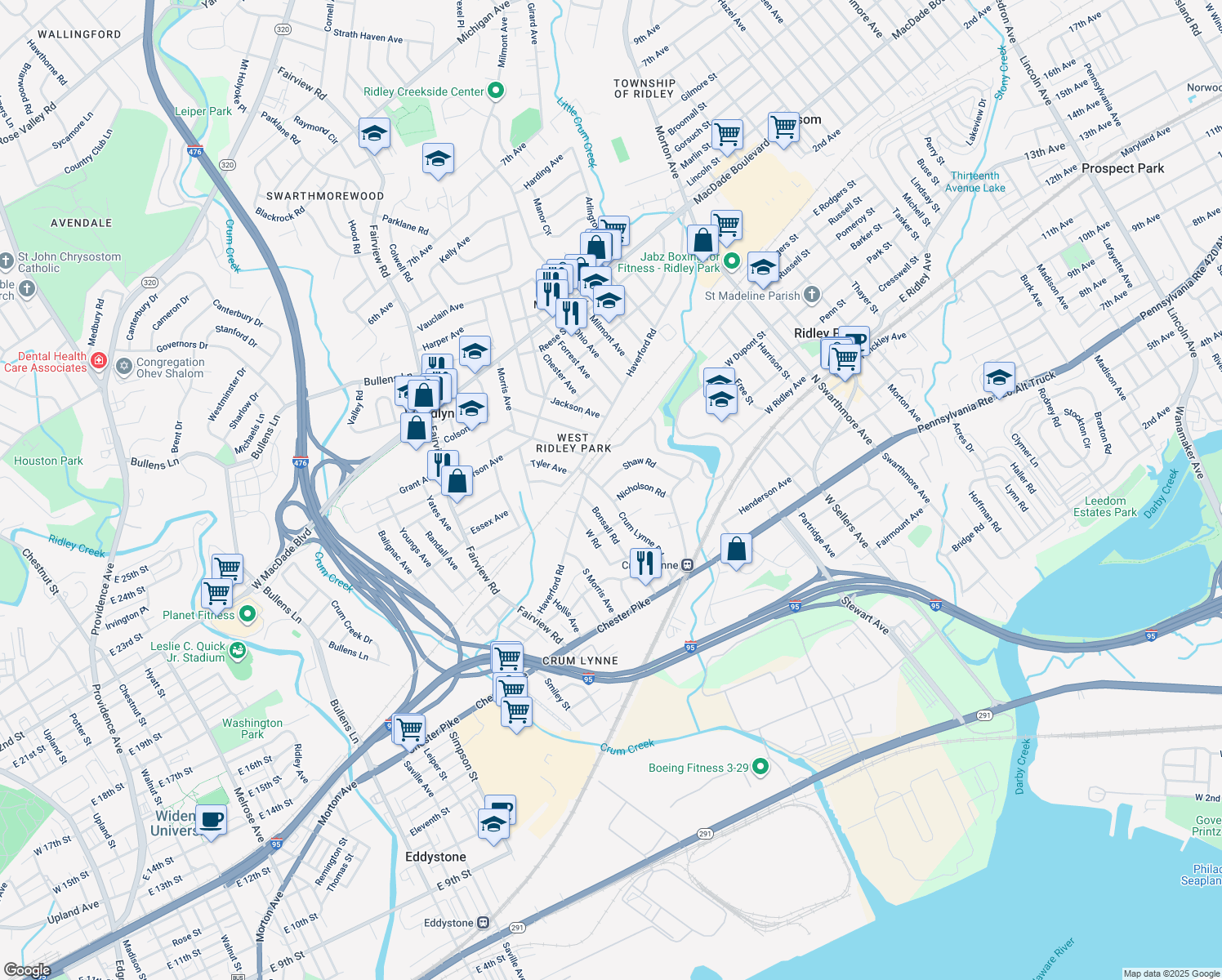 map of restaurants, bars, coffee shops, grocery stores, and more near 525 Crum Lynne Road in Ridley Park
