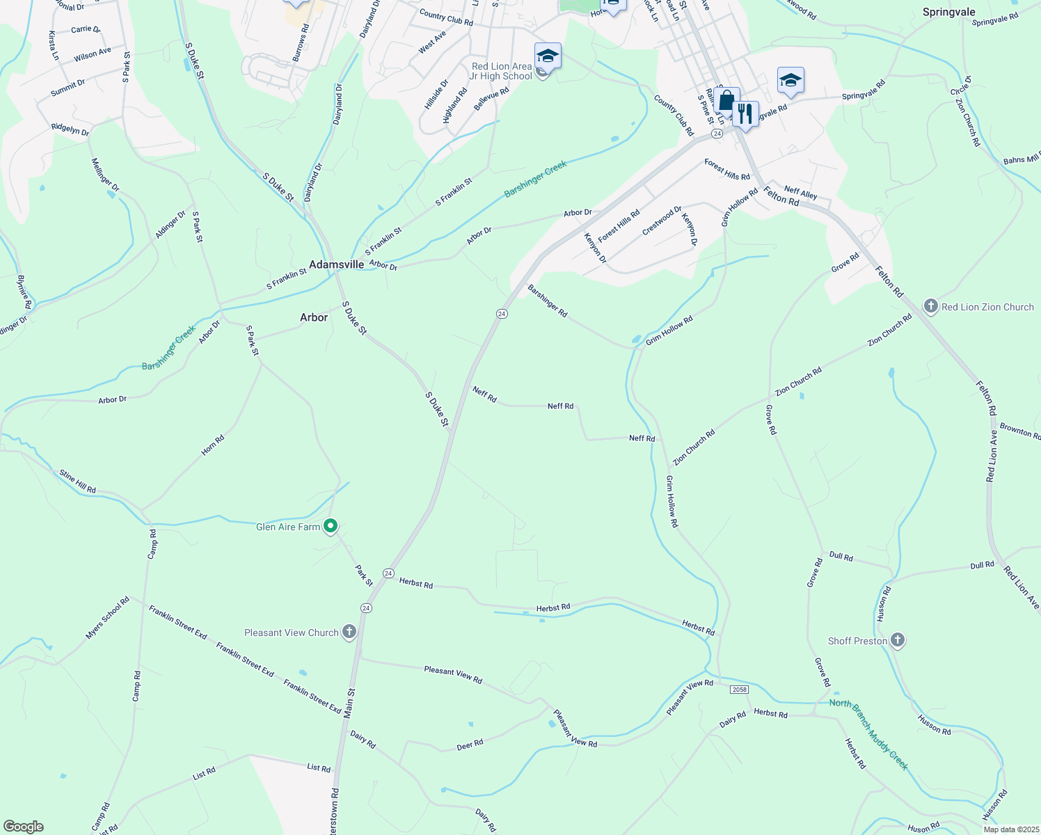 map of restaurants, bars, coffee shops, grocery stores, and more near 110 Neff Road in Red Lion
