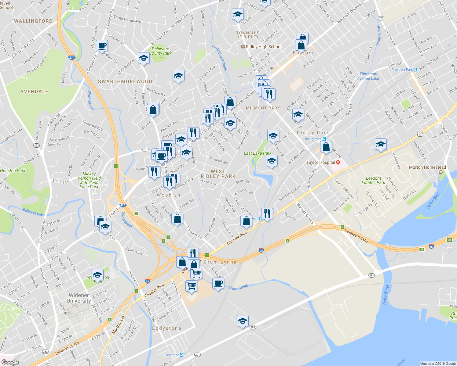 map of restaurants, bars, coffee shops, grocery stores, and more near 466 Hillside Road in Ridley Park