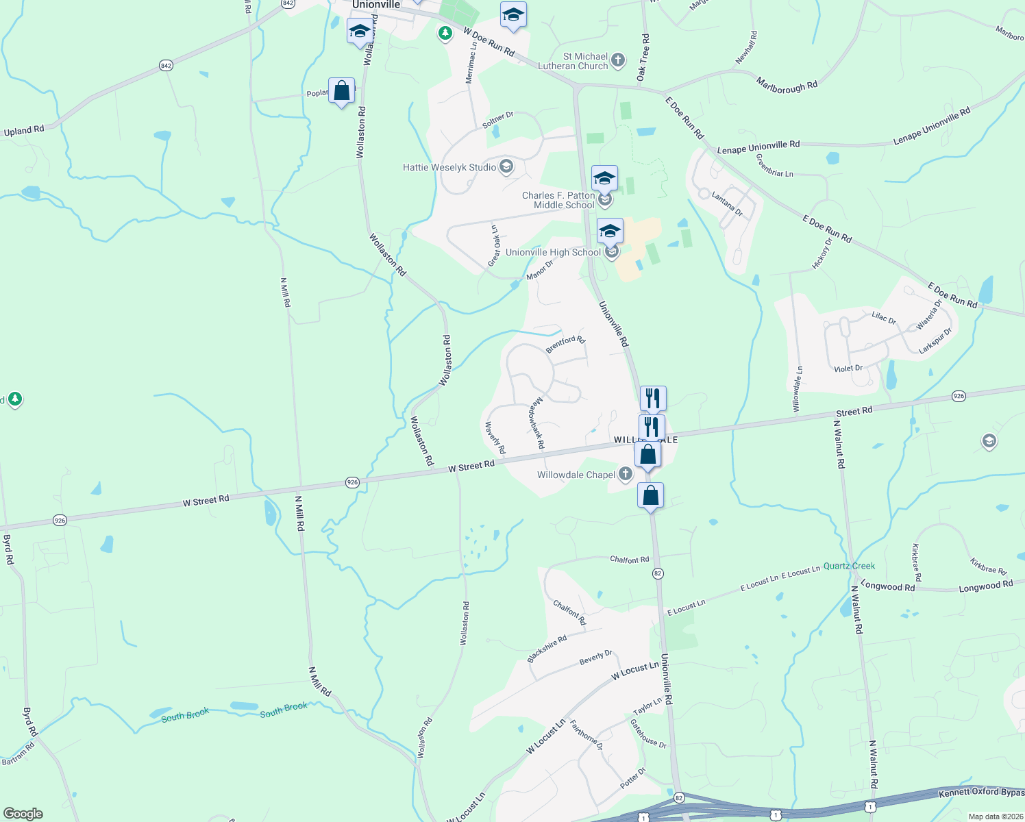map of restaurants, bars, coffee shops, grocery stores, and more near 822 Waverly Road in Kennett Square