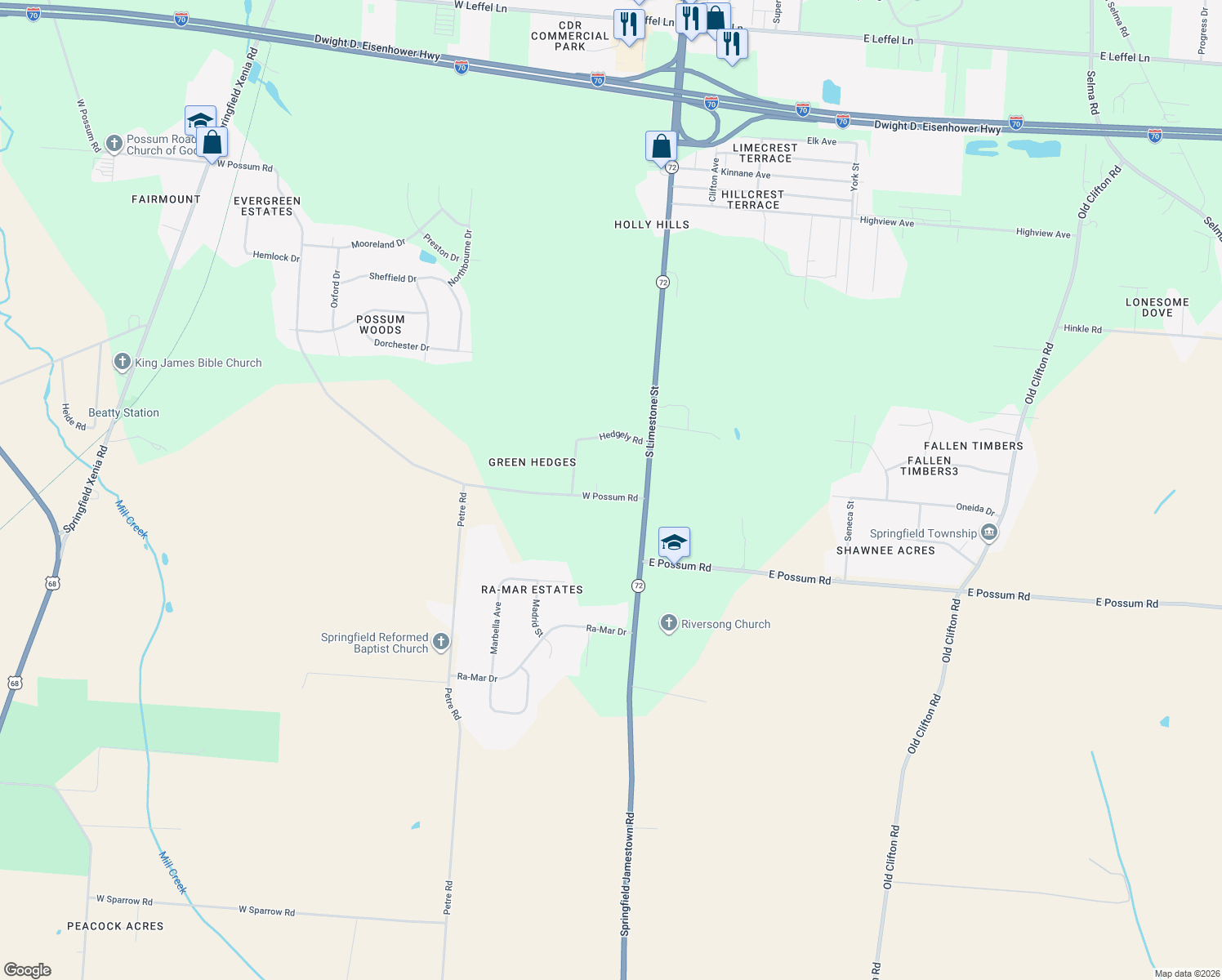 map of restaurants, bars, coffee shops, grocery stores, and more near 26 W Possum Rd in Springfield