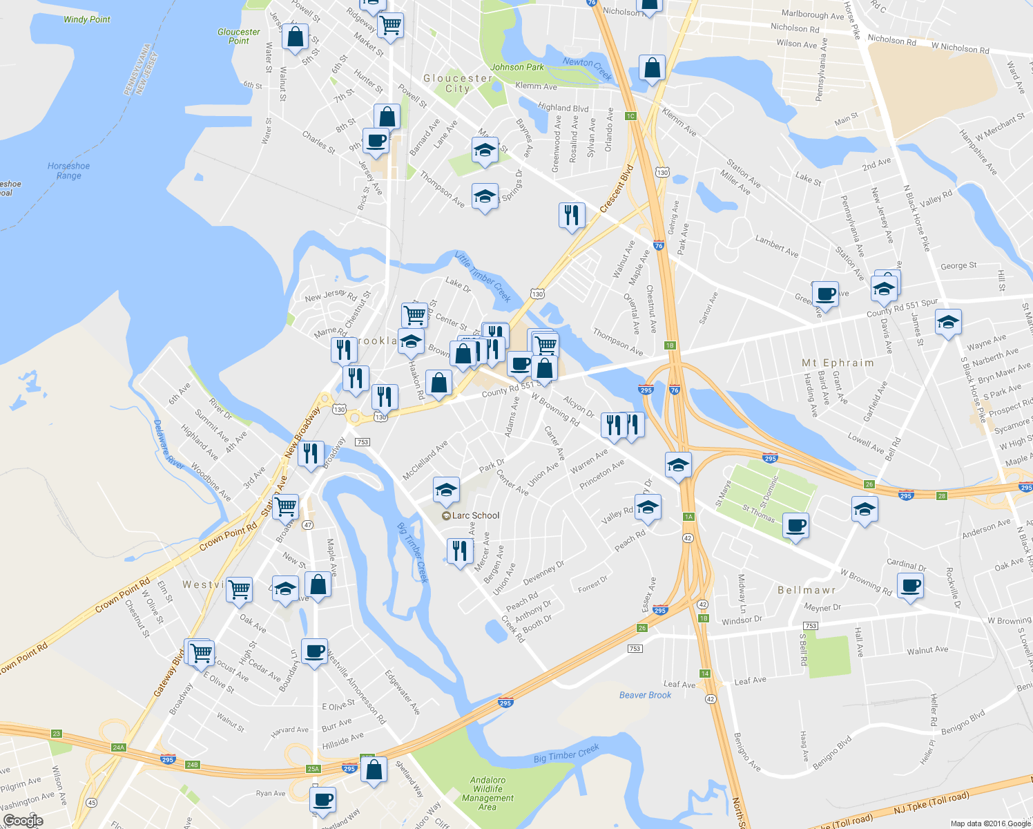 map of restaurants, bars, coffee shops, grocery stores, and more near 17 Adams Ave in Bellmawr