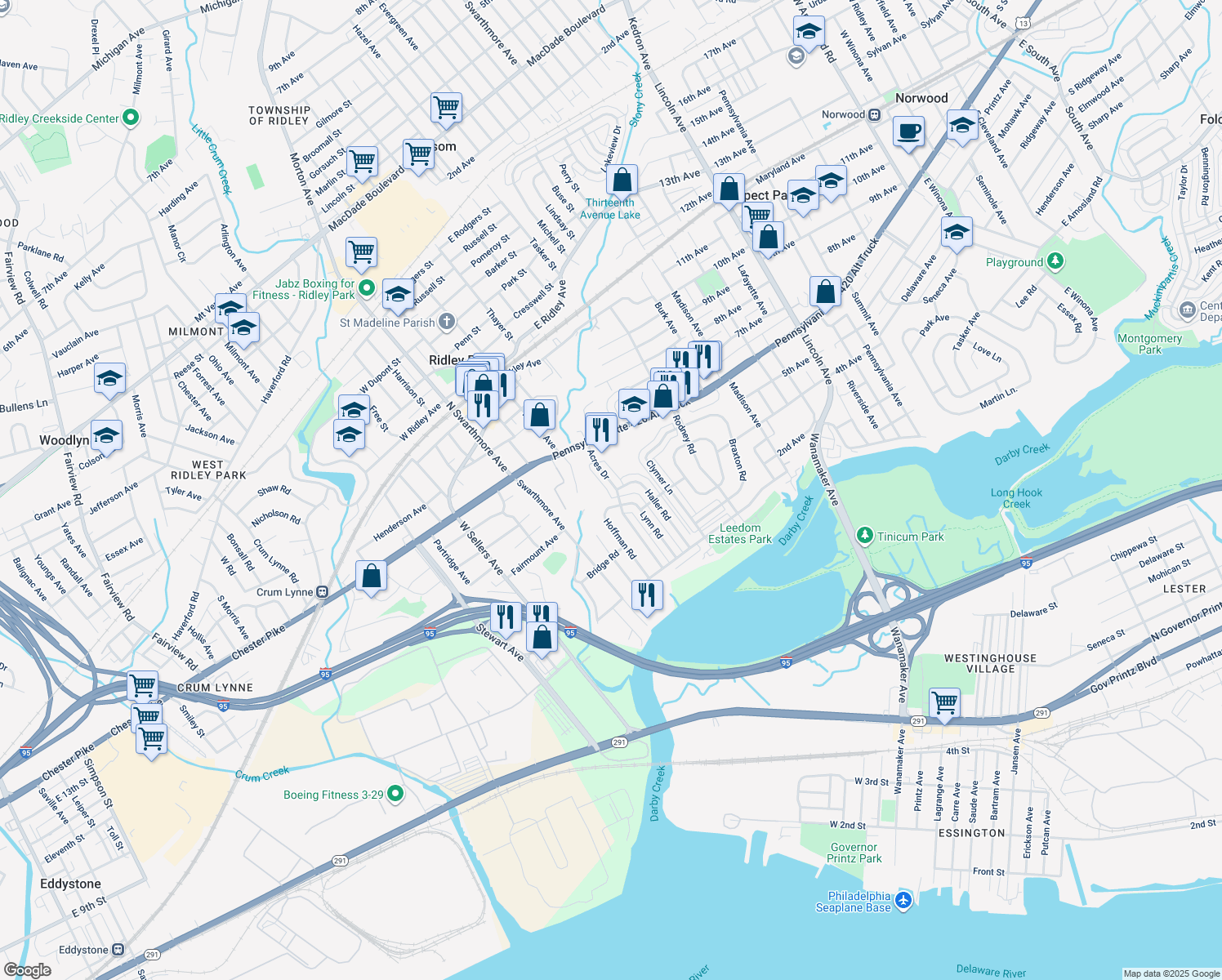 map of restaurants, bars, coffee shops, grocery stores, and more near 49 Acres Drive in Ridley Park