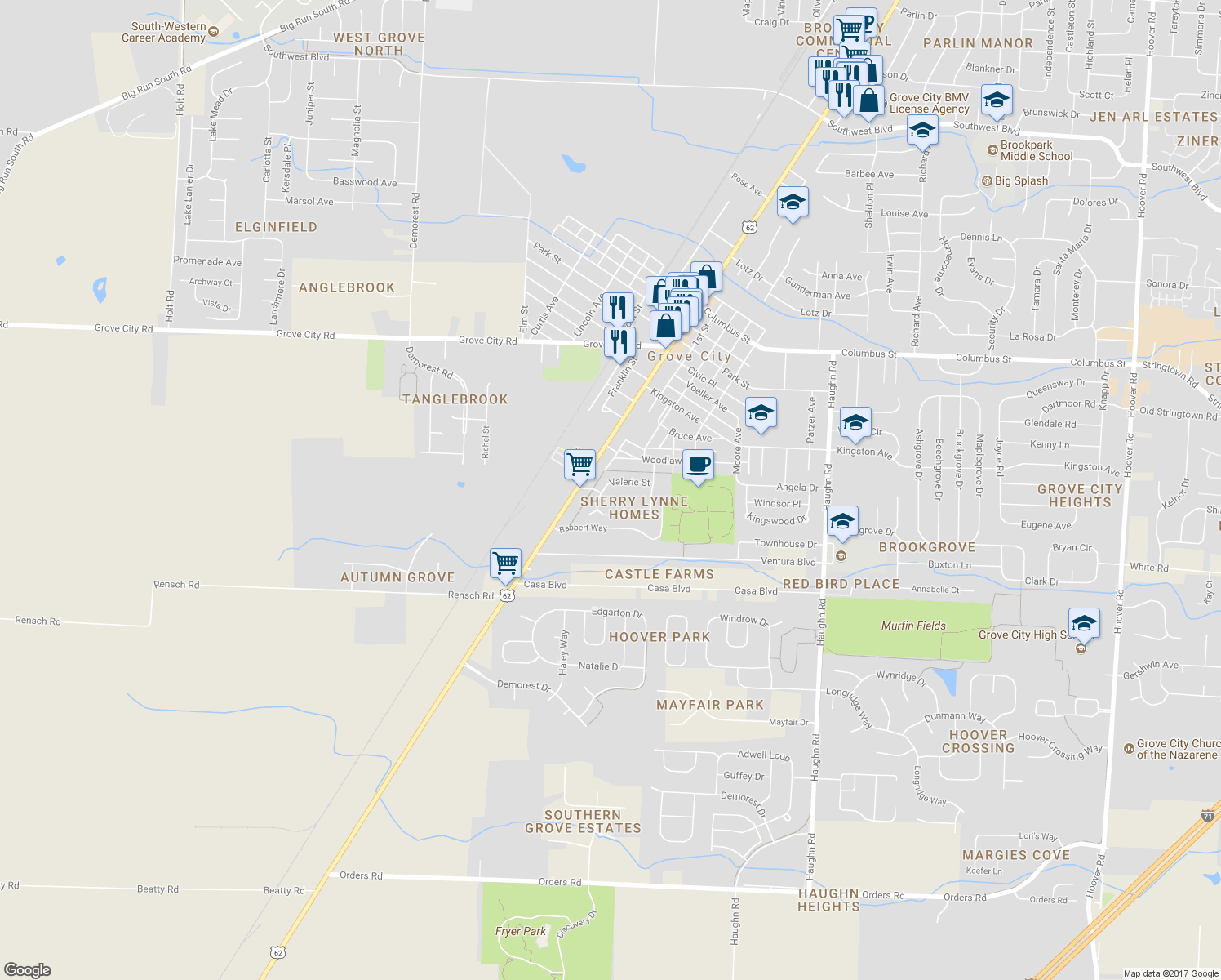 map of restaurants, bars, coffee shops, grocery stores, and more near 4330 Joseph Street in Grove City