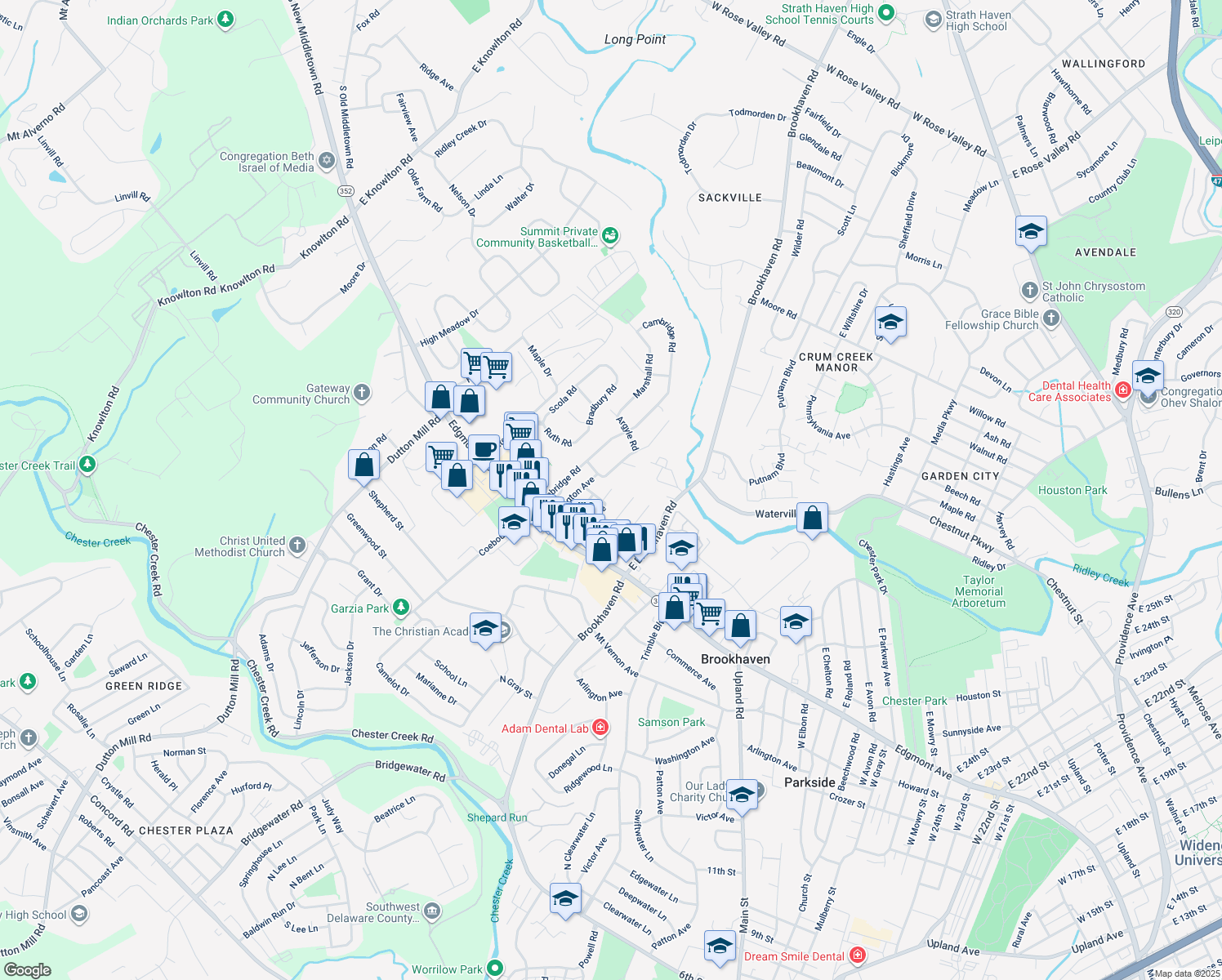 map of restaurants, bars, coffee shops, grocery stores, and more near 212 East Maple Avenue in Brookhaven