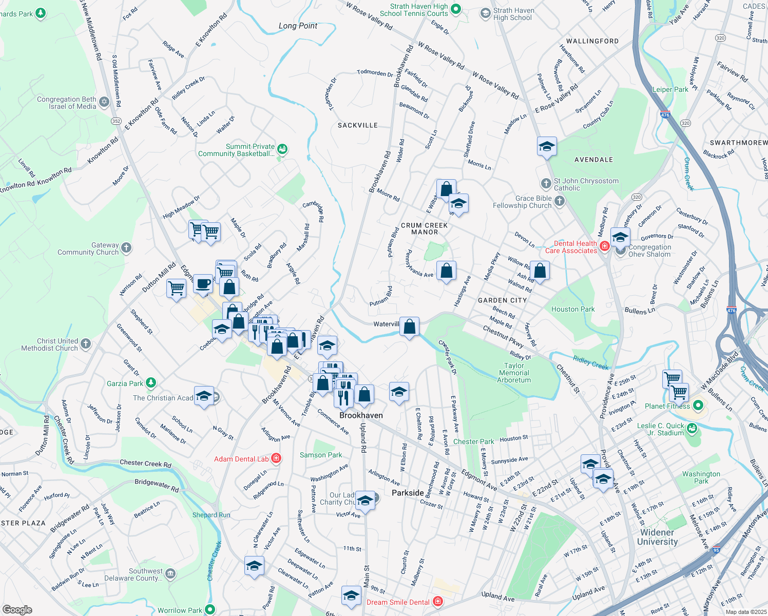 map of restaurants, bars, coffee shops, grocery stores, and more near 1122 Putnam Boulevard in Nether Providence Township