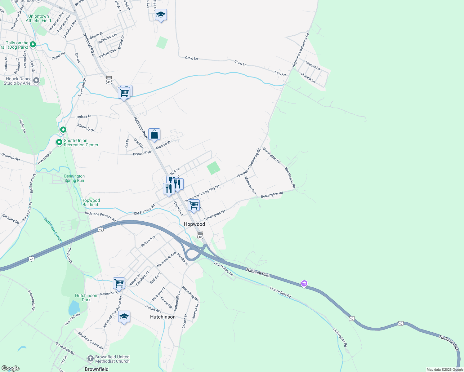 map of restaurants, bars, coffee shops, grocery stores, and more near 178 Hopwood Coolspring Road in Hopwood