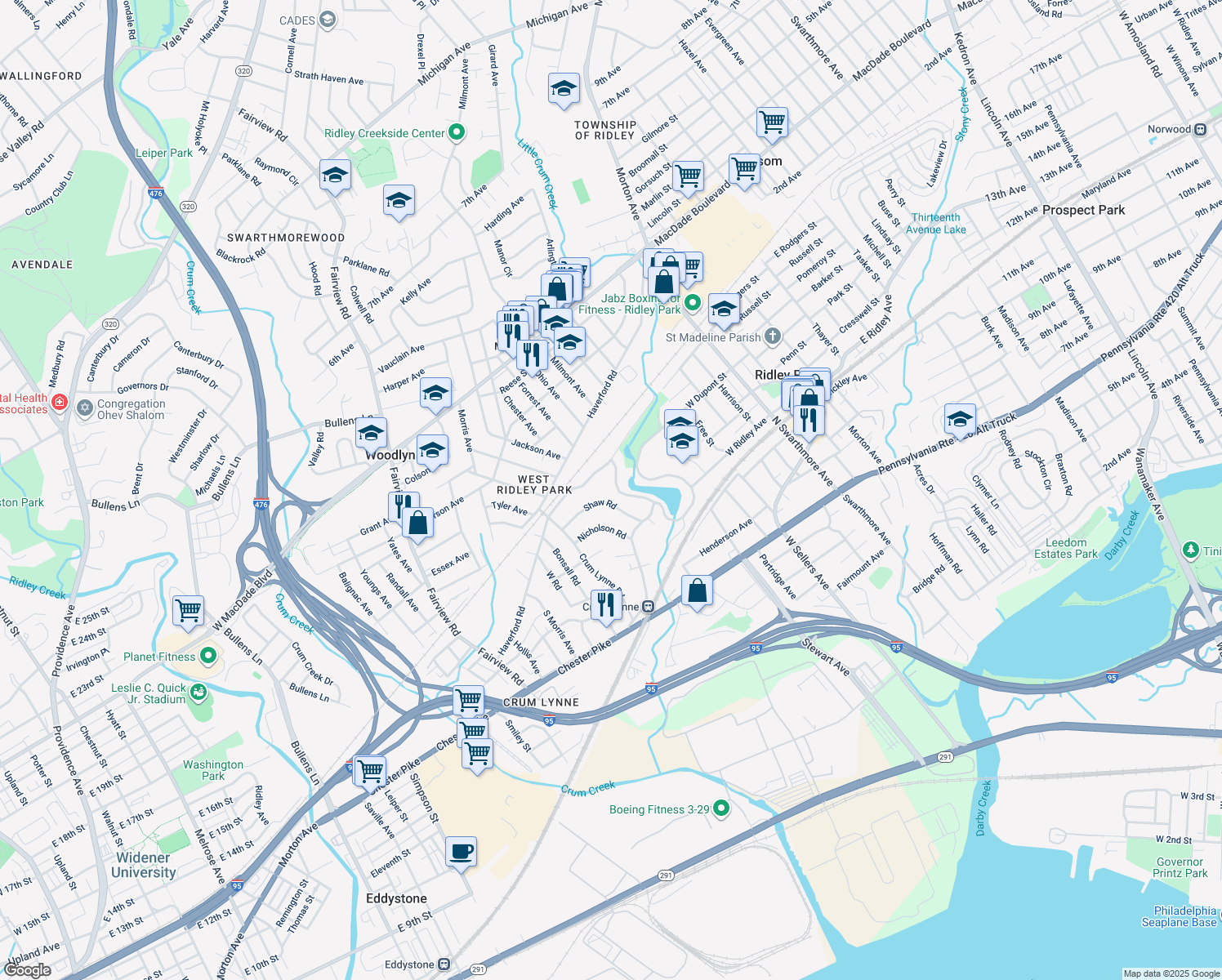 map of restaurants, bars, coffee shops, grocery stores, and more near 406 Glenlock Road in Ridley Park