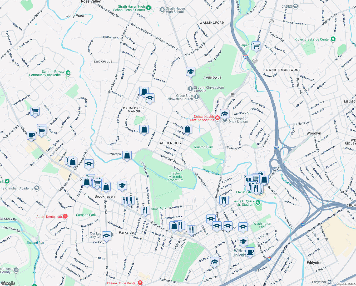 map of restaurants, bars, coffee shops, grocery stores, and more near 104 Cedar Road in Nether Providence Township