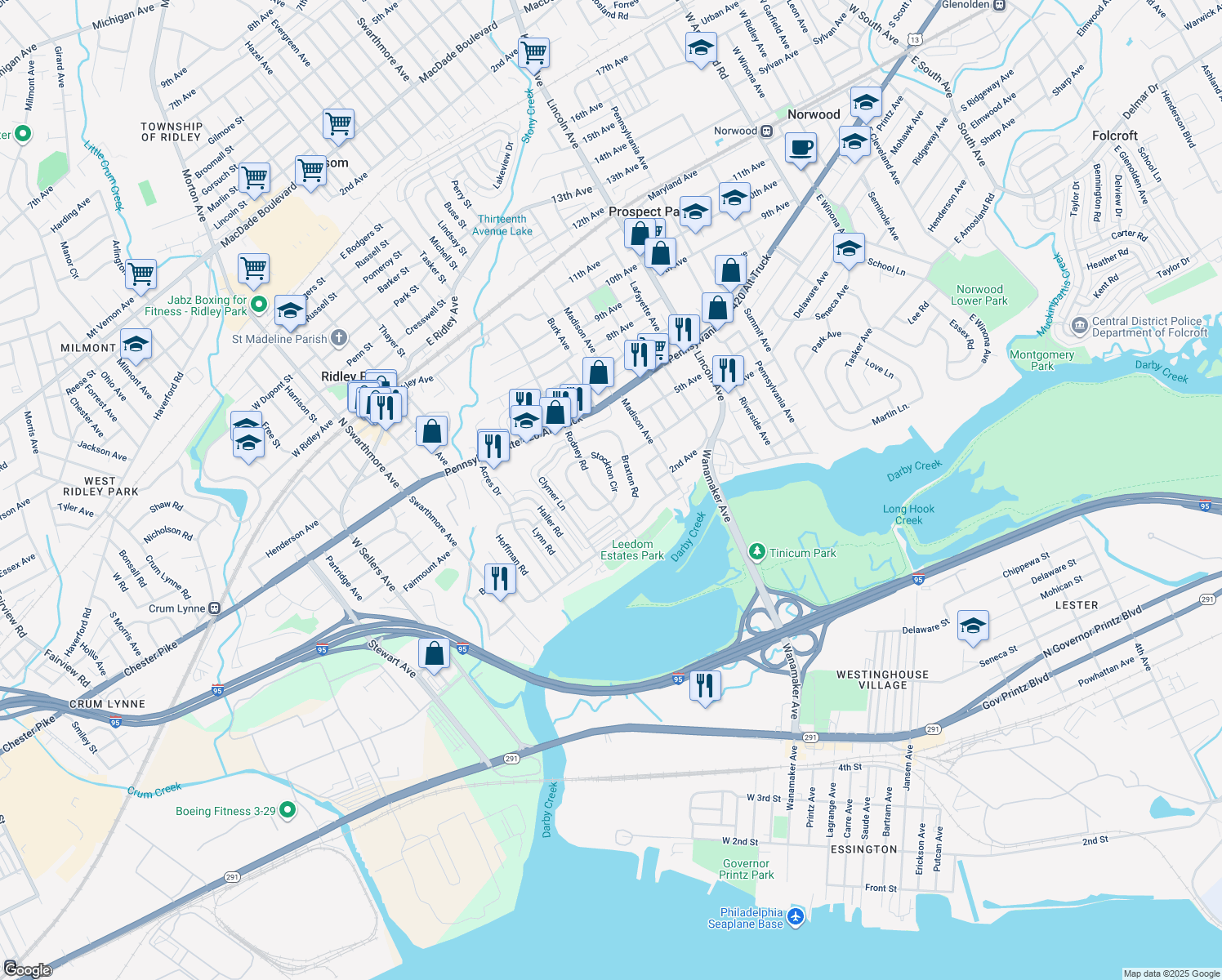 map of restaurants, bars, coffee shops, grocery stores, and more near 728 Stockton Circle in Ridley Park