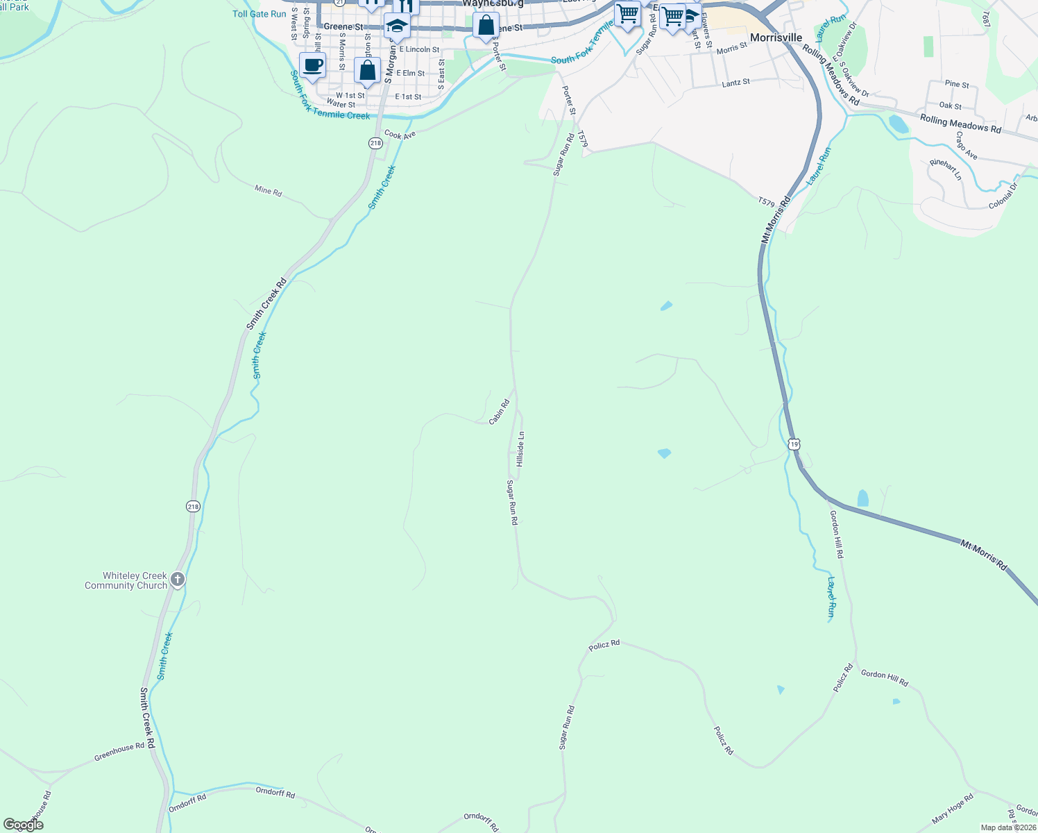 map of restaurants, bars, coffee shops, grocery stores, and more near 391 Sugar Run Road in Waynesburg