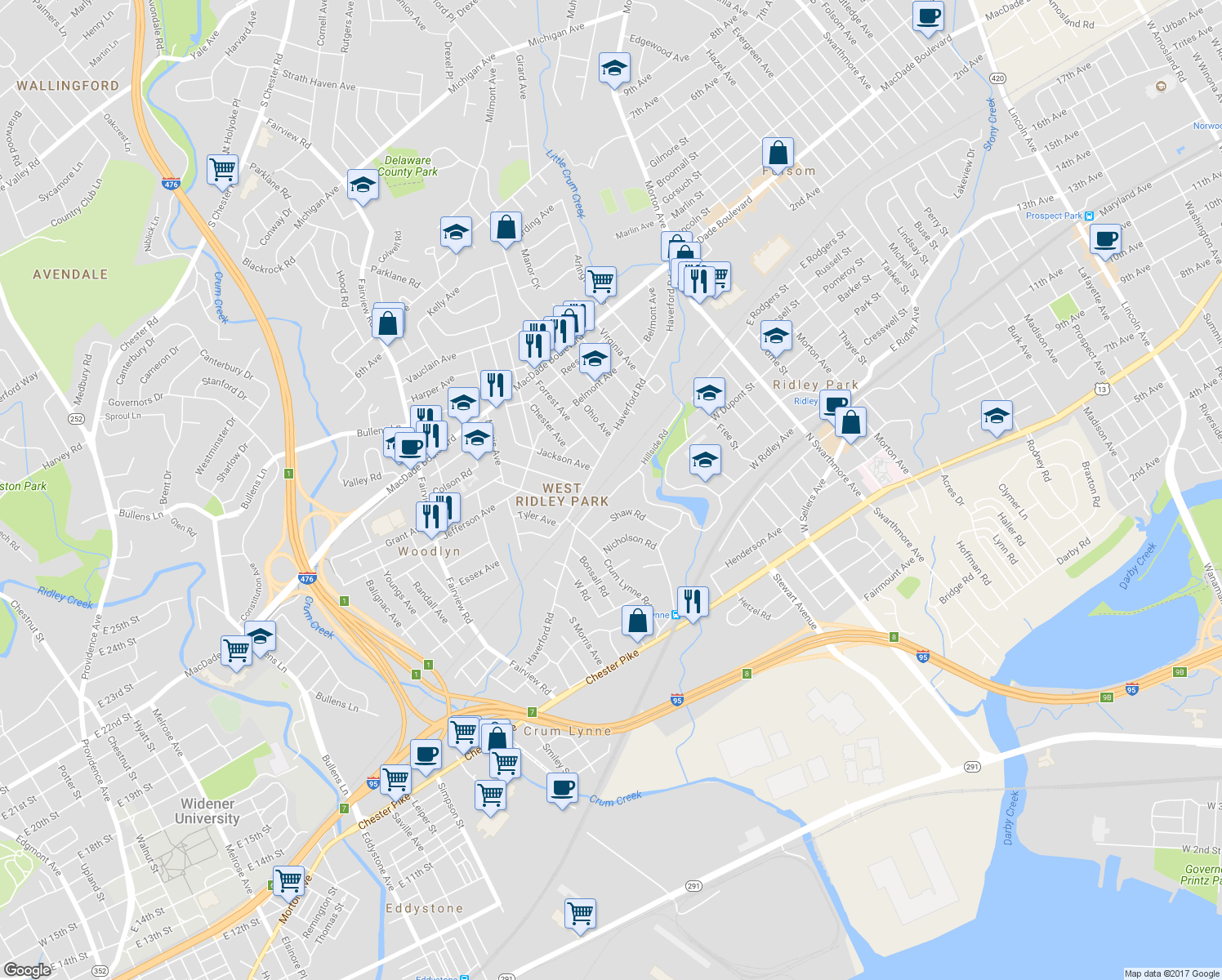 map of restaurants, bars, coffee shops, grocery stores, and more near 427 Hillside Road in Ridley Park
