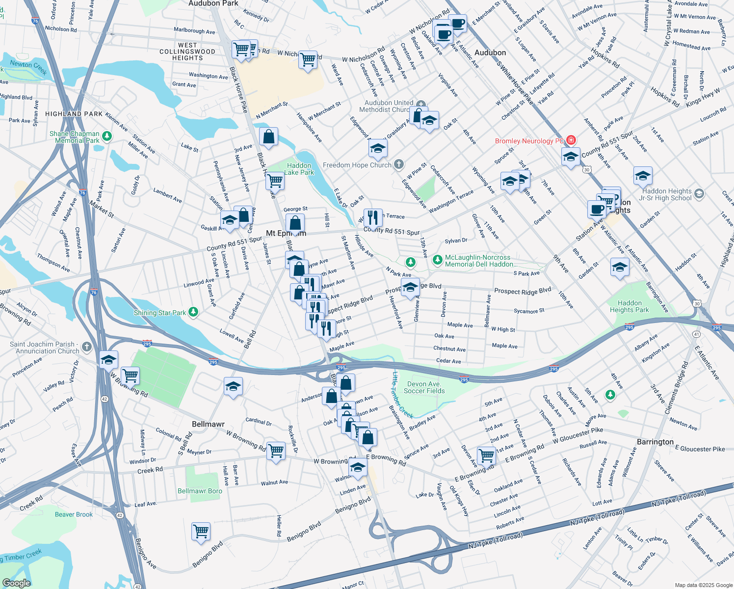 map of restaurants, bars, coffee shops, grocery stores, and more near 1839 Prospect Ridge Boulevard in Haddon Heights