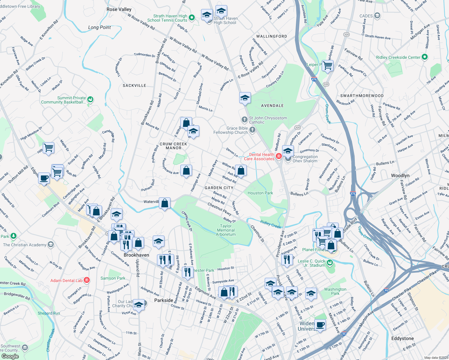 map of restaurants, bars, coffee shops, grocery stores, and more near 507 Ryanard Road in Nether Providence Township