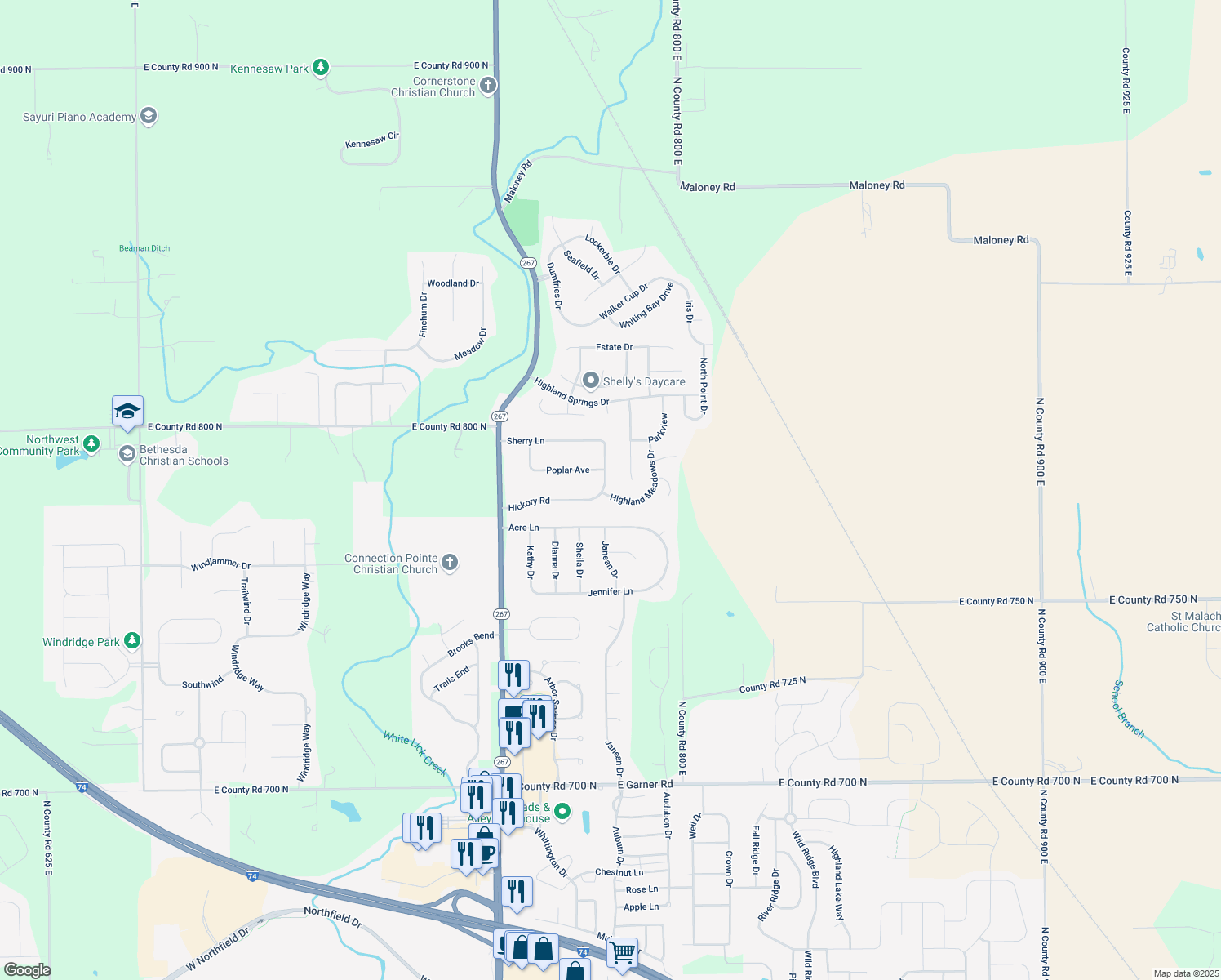 map of restaurants, bars, coffee shops, grocery stores, and more near 7815 Hickory Road in Brownsburg