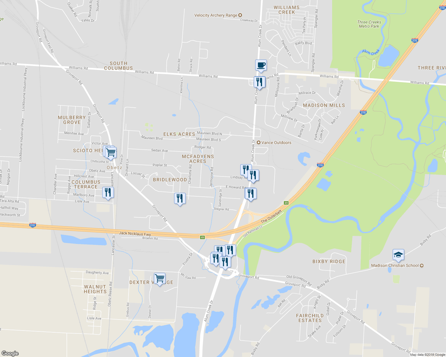 map of restaurants, bars, coffee shops, grocery stores, and more near 2415 Lindsay Road in Obetz