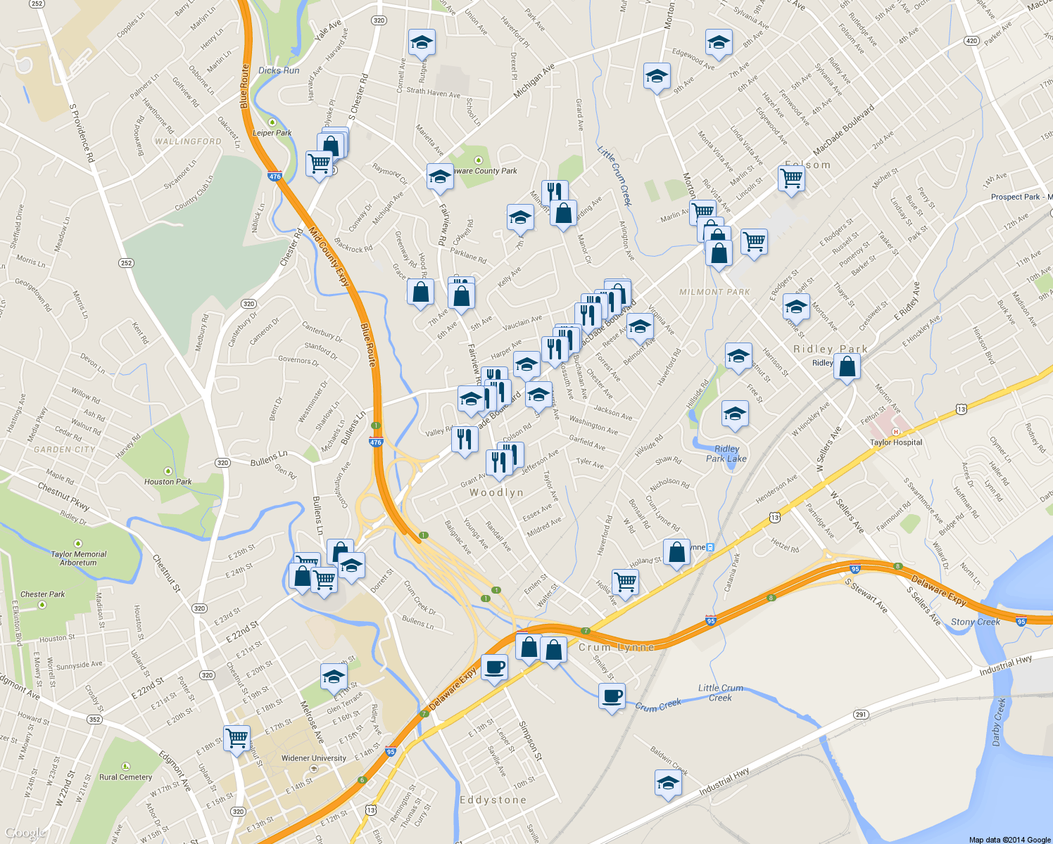 map of restaurants, bars, coffee shops, grocery stores, and more near 1213 Colson Rd in Woodlyn