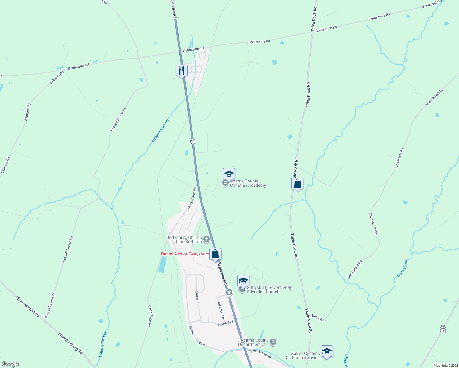 map of restaurants, bars, coffee shops, grocery stores, and more near 1865 Biglerville Road in Gettysburg