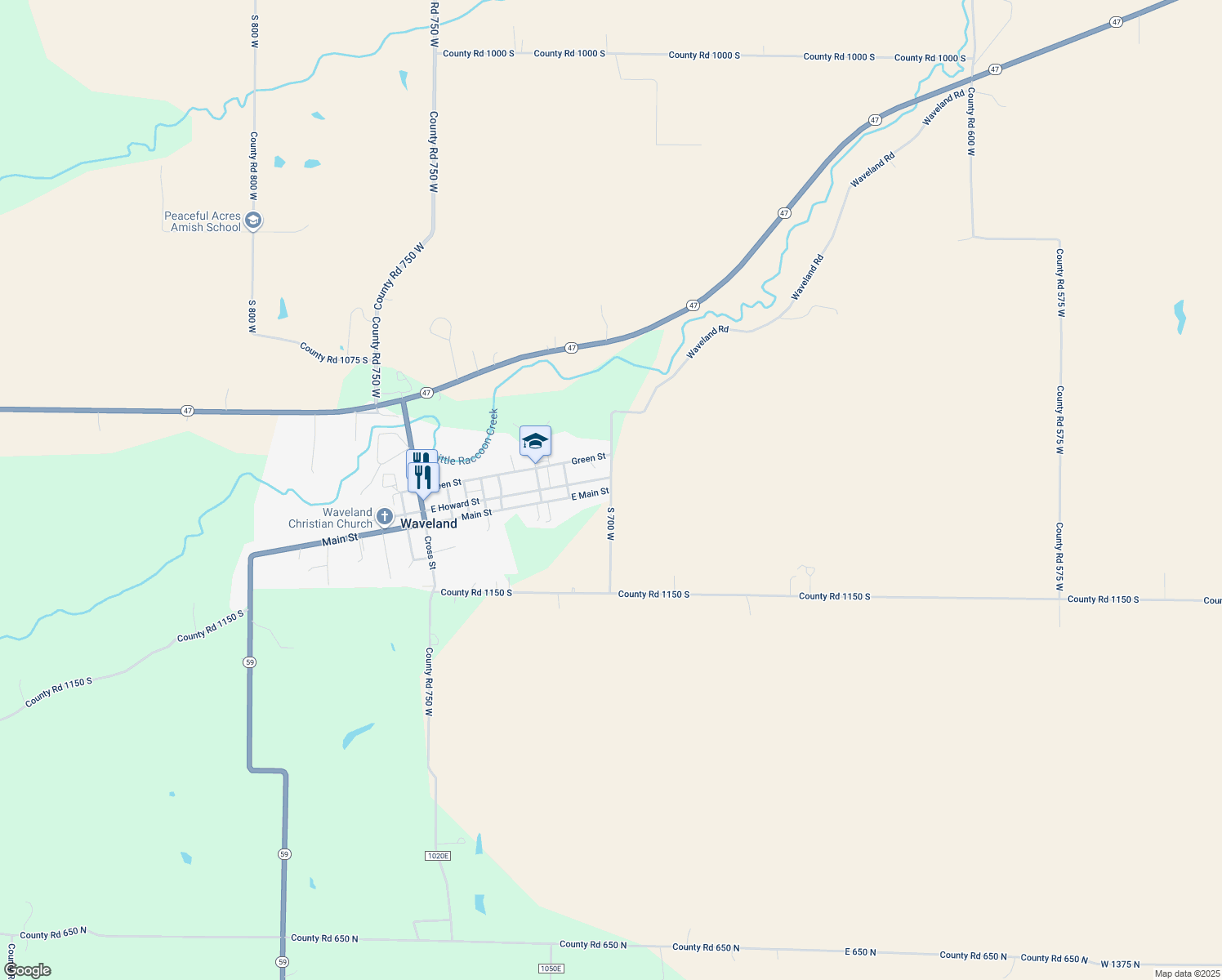 map of restaurants, bars, coffee shops, grocery stores, and more near East Main Street in Waveland