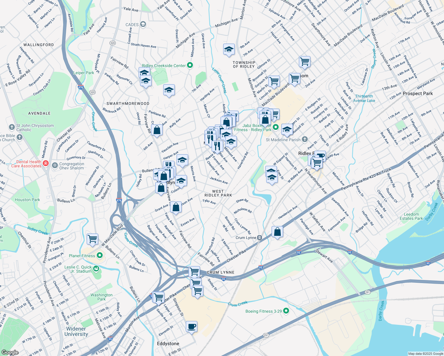 map of restaurants, bars, coffee shops, grocery stores, and more near 818 Hancock Avenue in Ridley Park