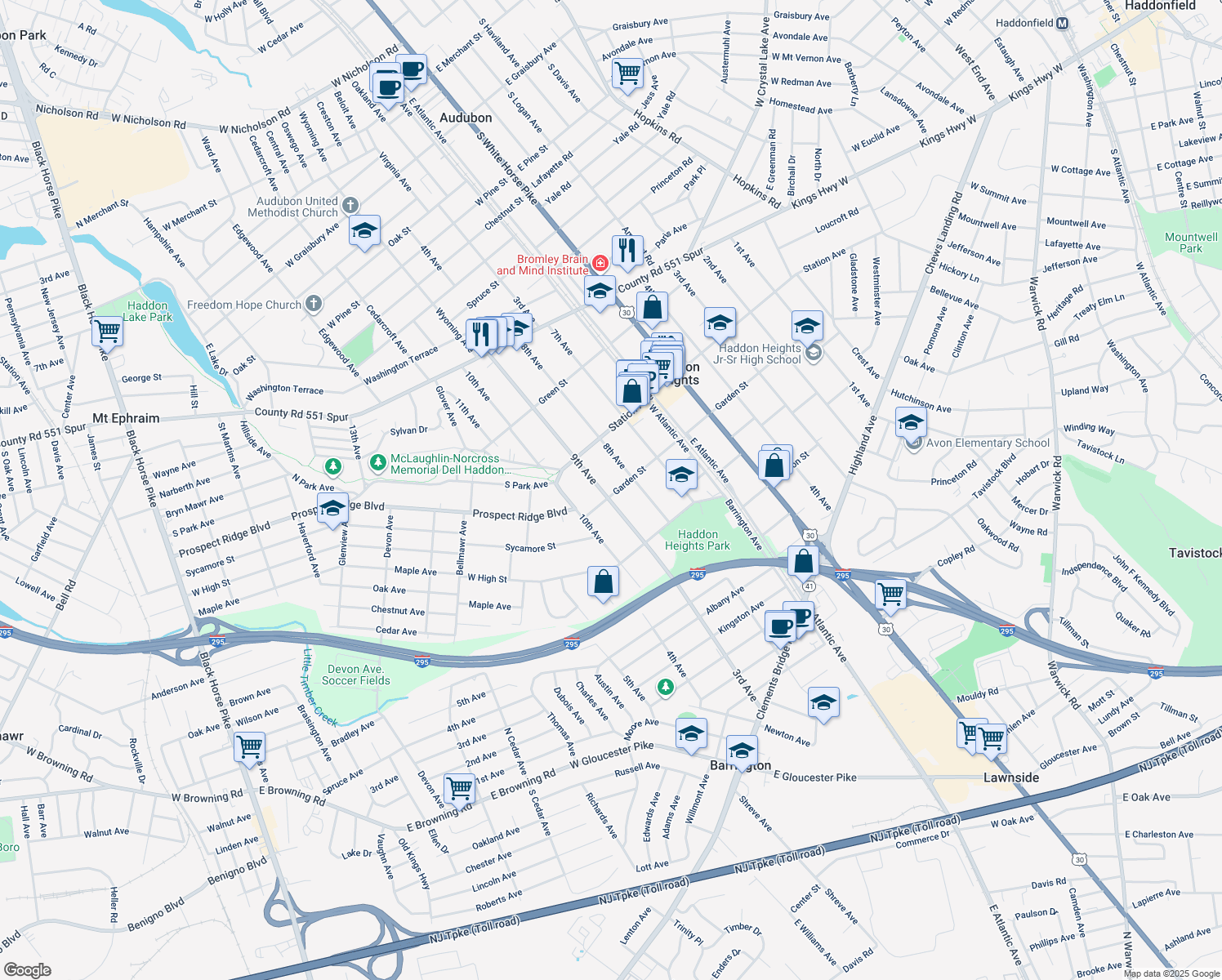 map of restaurants, bars, coffee shops, grocery stores, and more near 225 9th Avenue in Haddon Heights