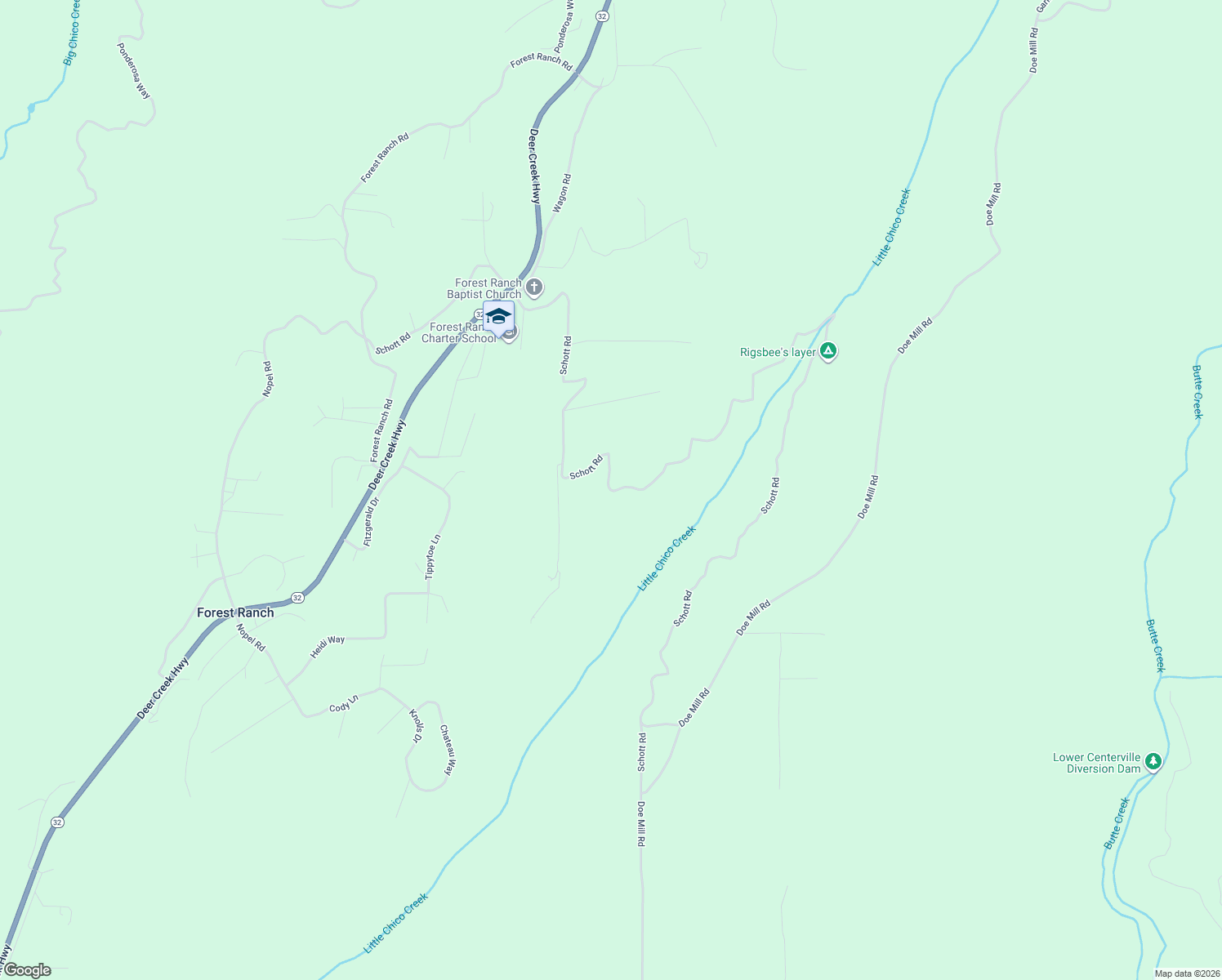 map of restaurants, bars, coffee shops, grocery stores, and more near Schott Road in Forest Ranch