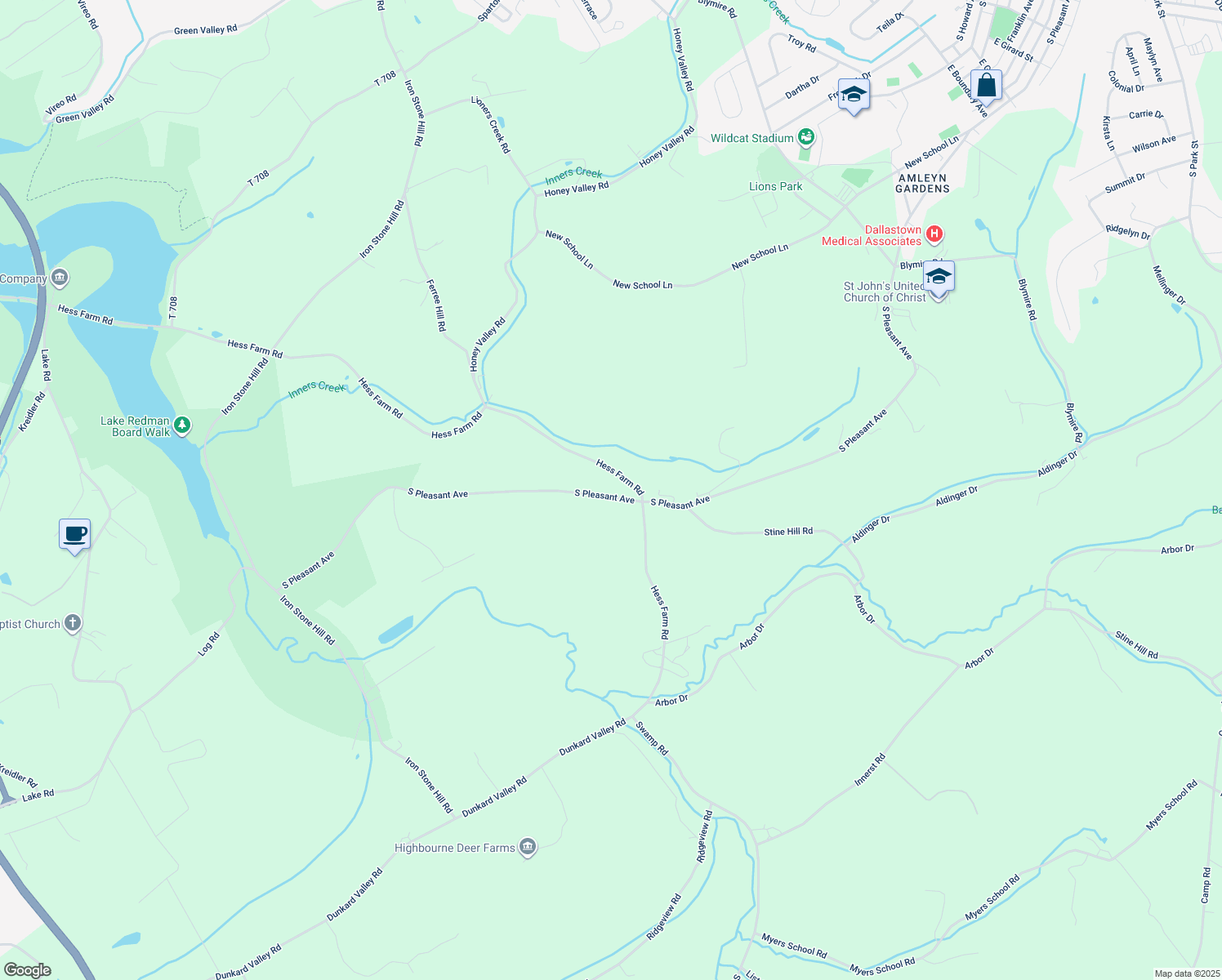 map of restaurants, bars, coffee shops, grocery stores, and more near 750 Hess Farm Road in Dallastown