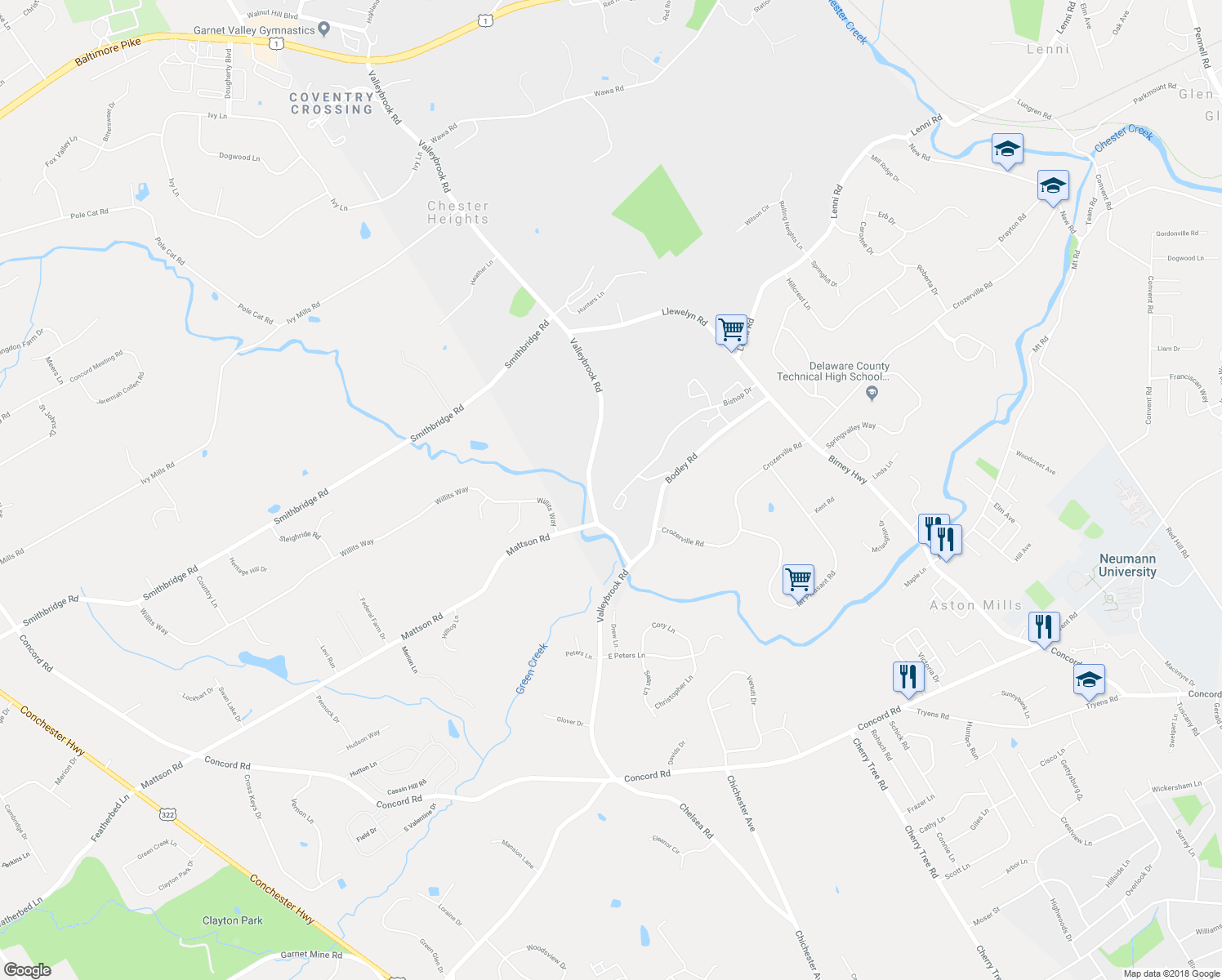 map of restaurants, bars, coffee shops, grocery stores, and more near 171 Bishop Drive in Aston