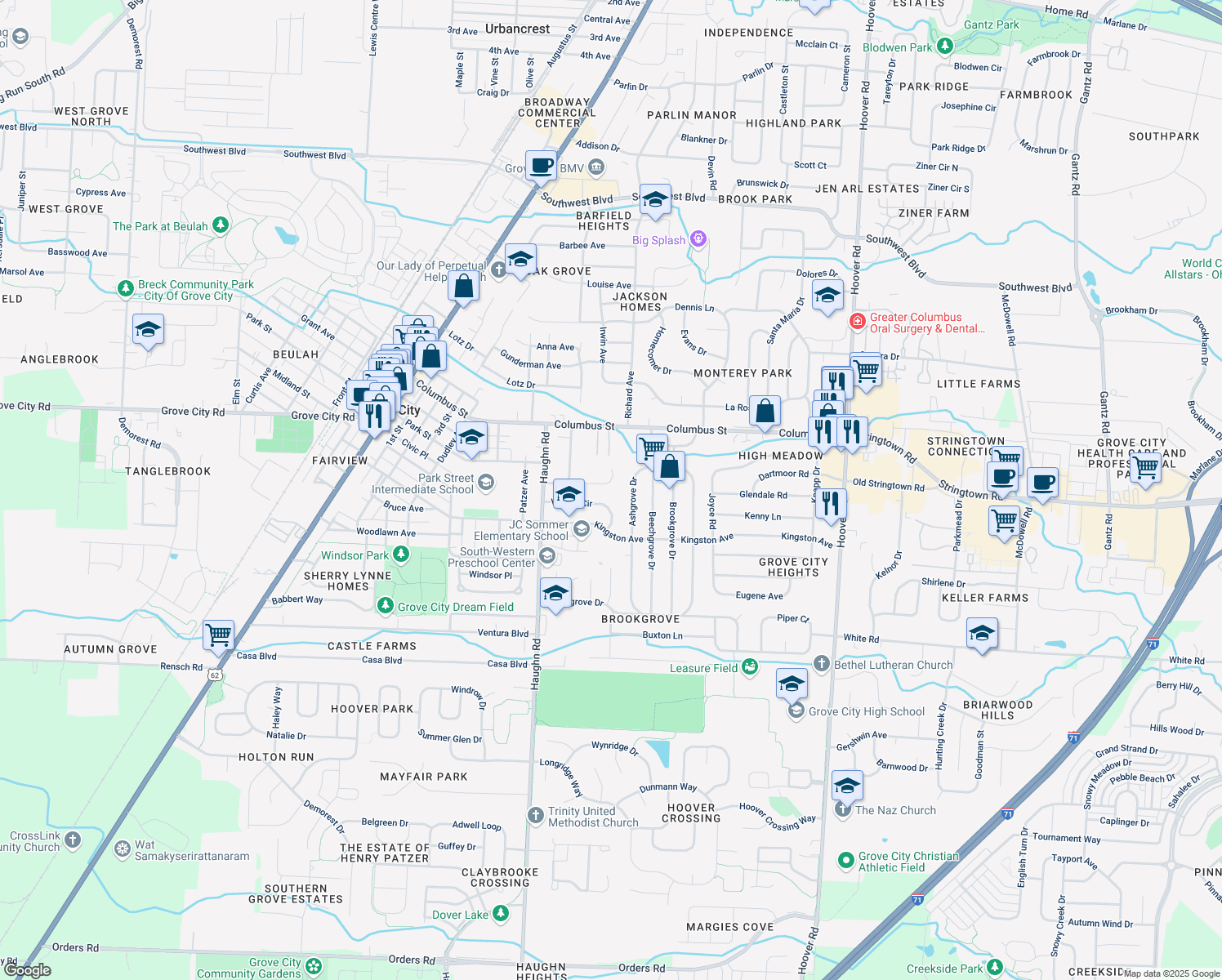 map of restaurants, bars, coffee shops, grocery stores, and more near 2953 Sawyer Court in Grove City