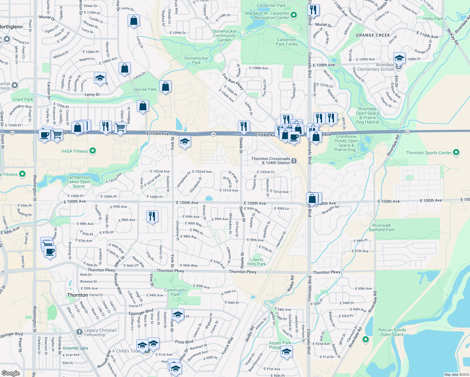 map of restaurants, bars, coffee shops, grocery stores, and more near 10117 Saint Paul Street in Thornton