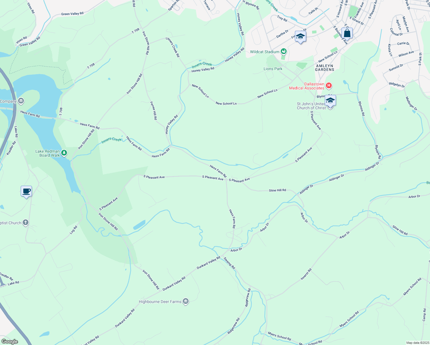 map of restaurants, bars, coffee shops, grocery stores, and more near 750 Hess Farm Road in Dallastown