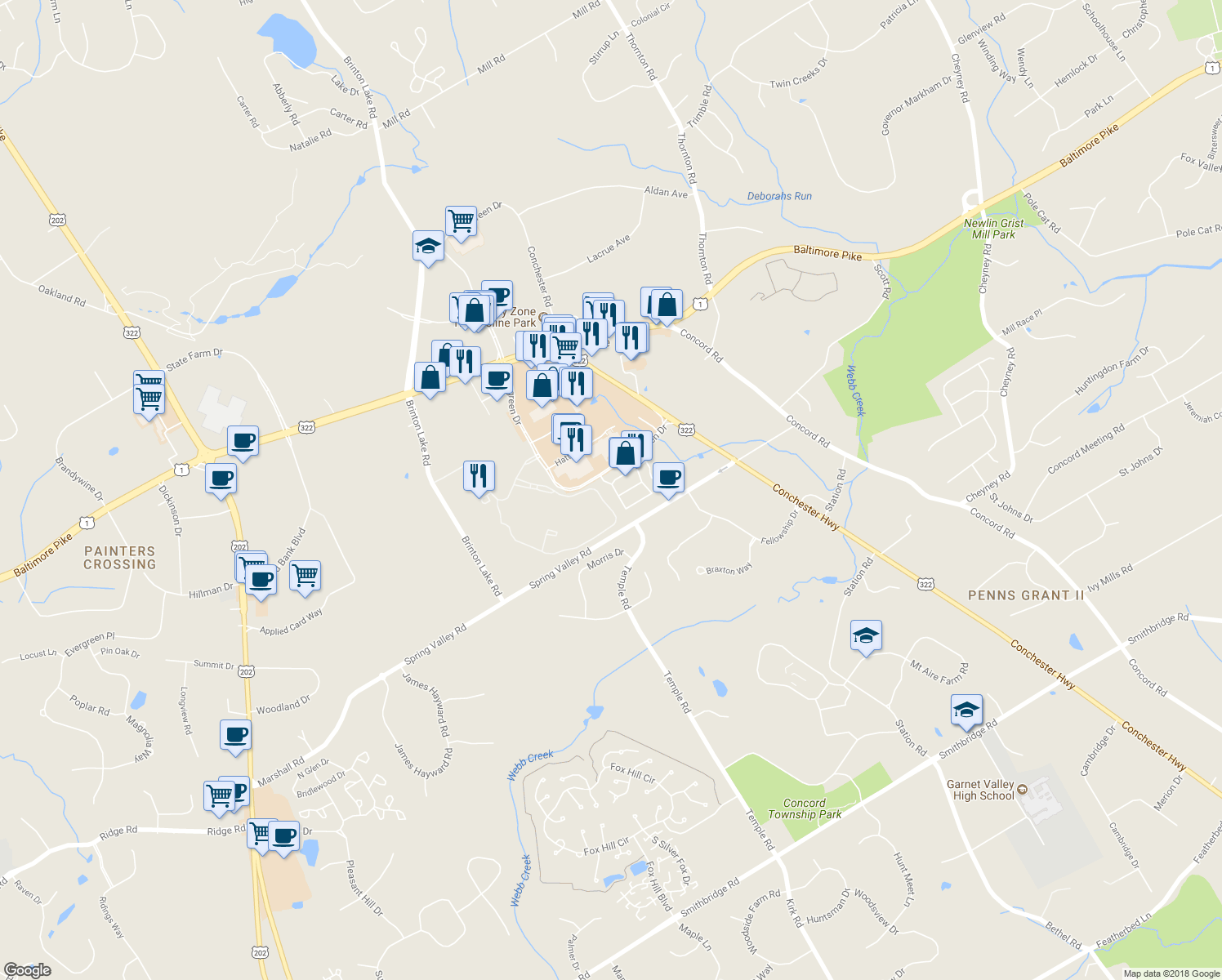 map of restaurants, bars, coffee shops, grocery stores, and more near 104 Elton Farm Circle in Glen Mills