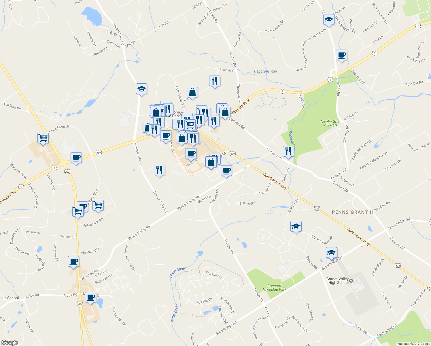 map of restaurants, bars, coffee shops, grocery stores, and more near 513 Drayton Way in Glen Mills