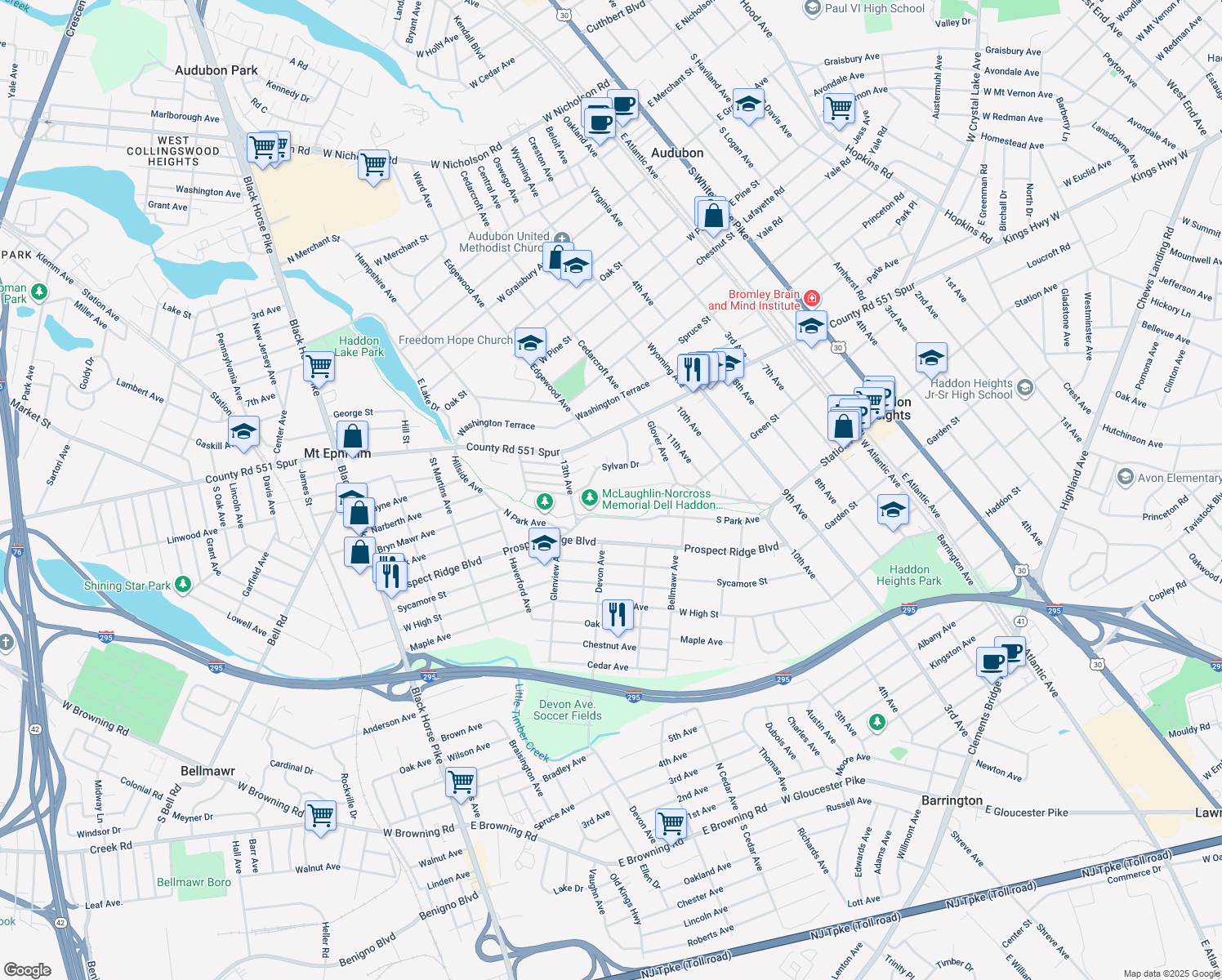 map of restaurants, bars, coffee shops, grocery stores, and more near 1165 Fulling Mill Lane in Haddon Heights