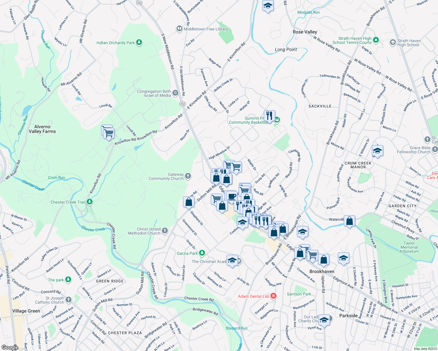 map of restaurants, bars, coffee shops, grocery stores, and more near 6406 Hilltop Drive in Brookhaven