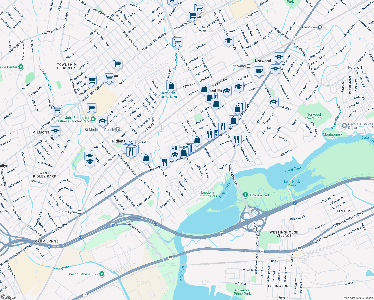 map of restaurants, bars, coffee shops, grocery stores, and more near 506 Deakyne Avenue in Ridley Park
