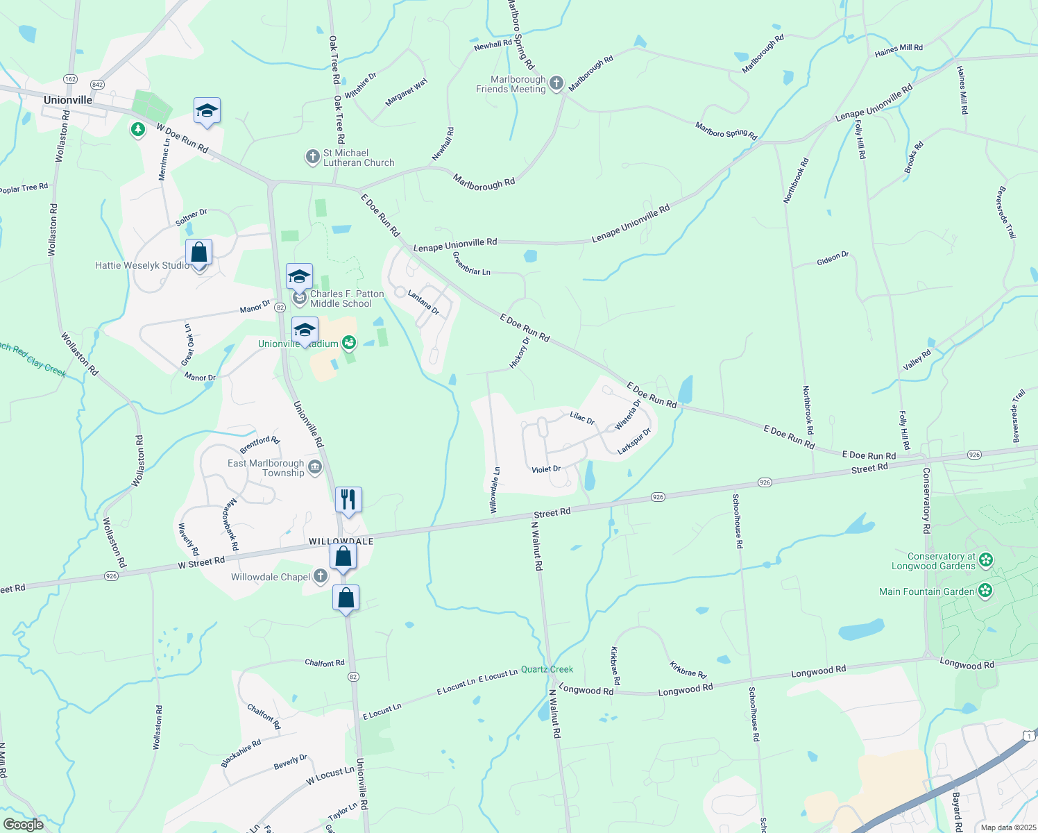 map of restaurants, bars, coffee shops, grocery stores, and more near 145 Violet Drive in Kennett Square
