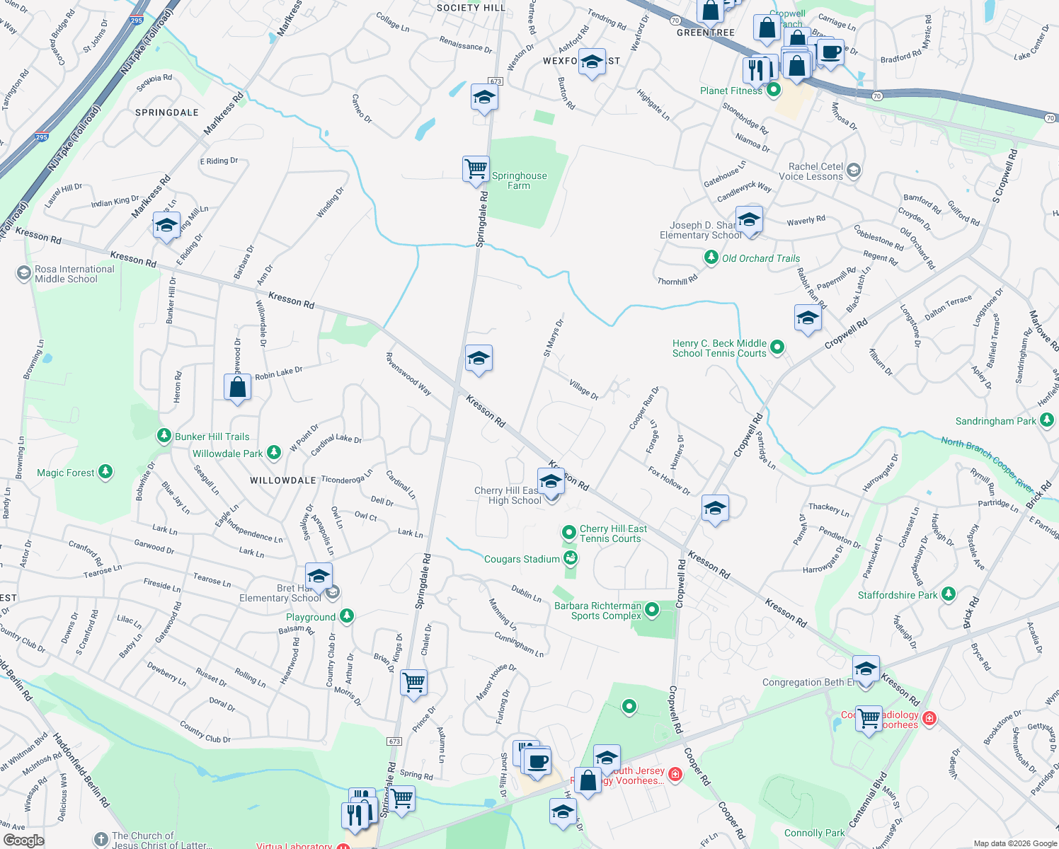 map of restaurants, bars, coffee shops, grocery stores, and more near 16 Doncaster Road in Cherry Hill