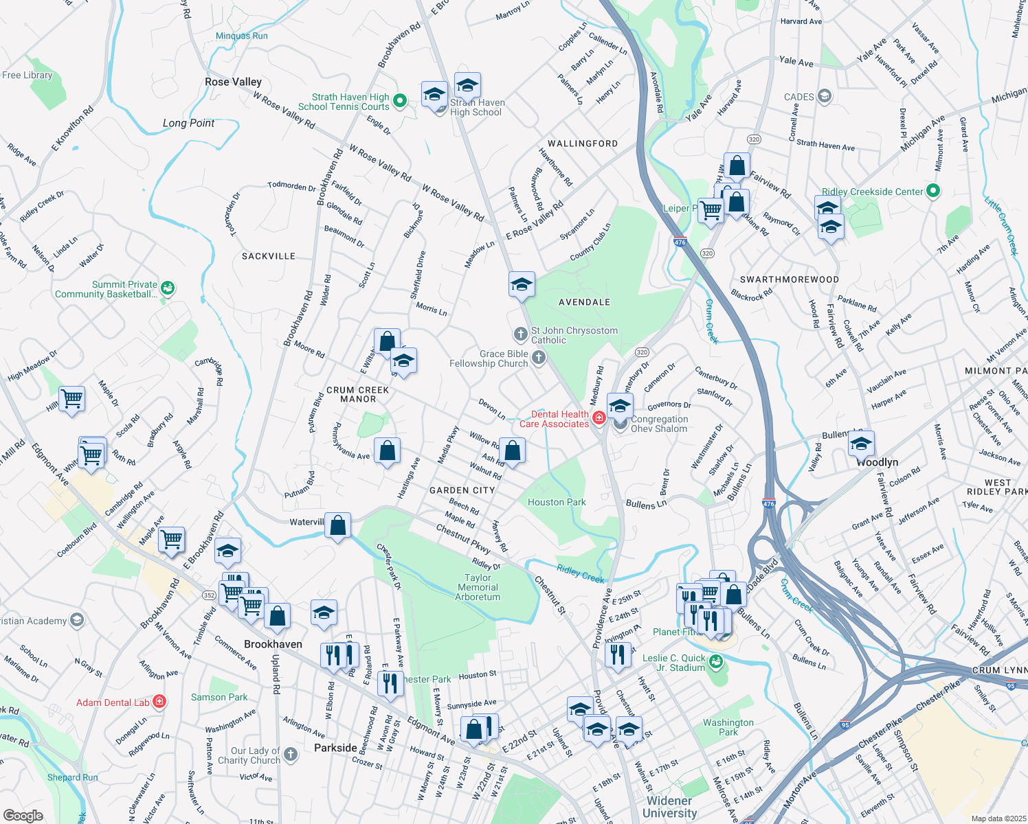 map of restaurants, bars, coffee shops, grocery stores, and more near 23 Berkshire Drive in Nether Providence Township