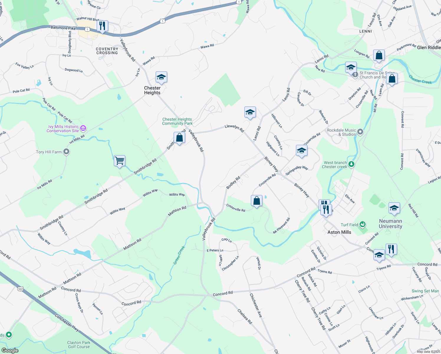map of restaurants, bars, coffee shops, grocery stores, and more near 139 Bishop Drive in Aston