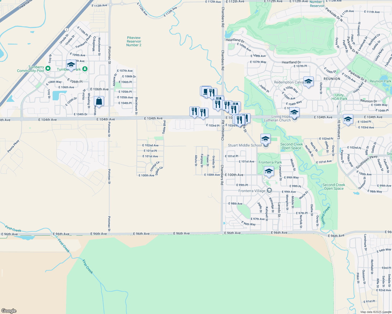 map of restaurants, bars, coffee shops, grocery stores, and more near 10131 Altura Street in Commerce City