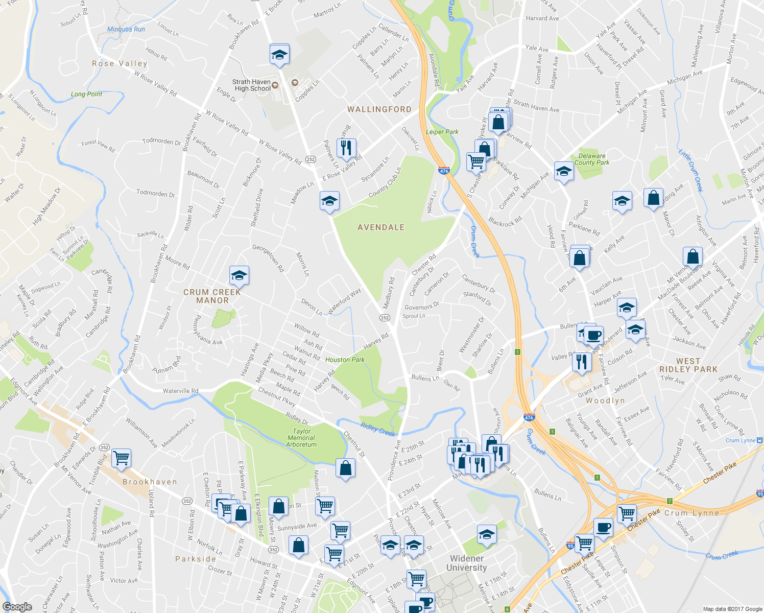 map of restaurants, bars, coffee shops, grocery stores, and more near 808 South Providence Road in Nether Providence Township