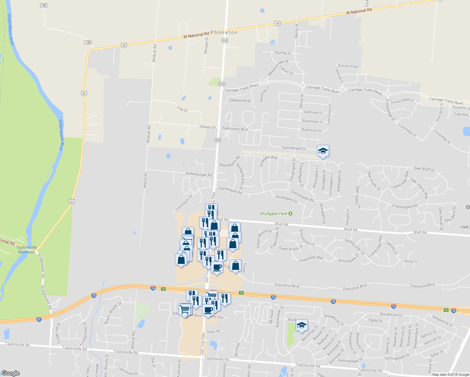 map of restaurants, bars, coffee shops, grocery stores, and more near 8830 Cherrygate Court in Dayton