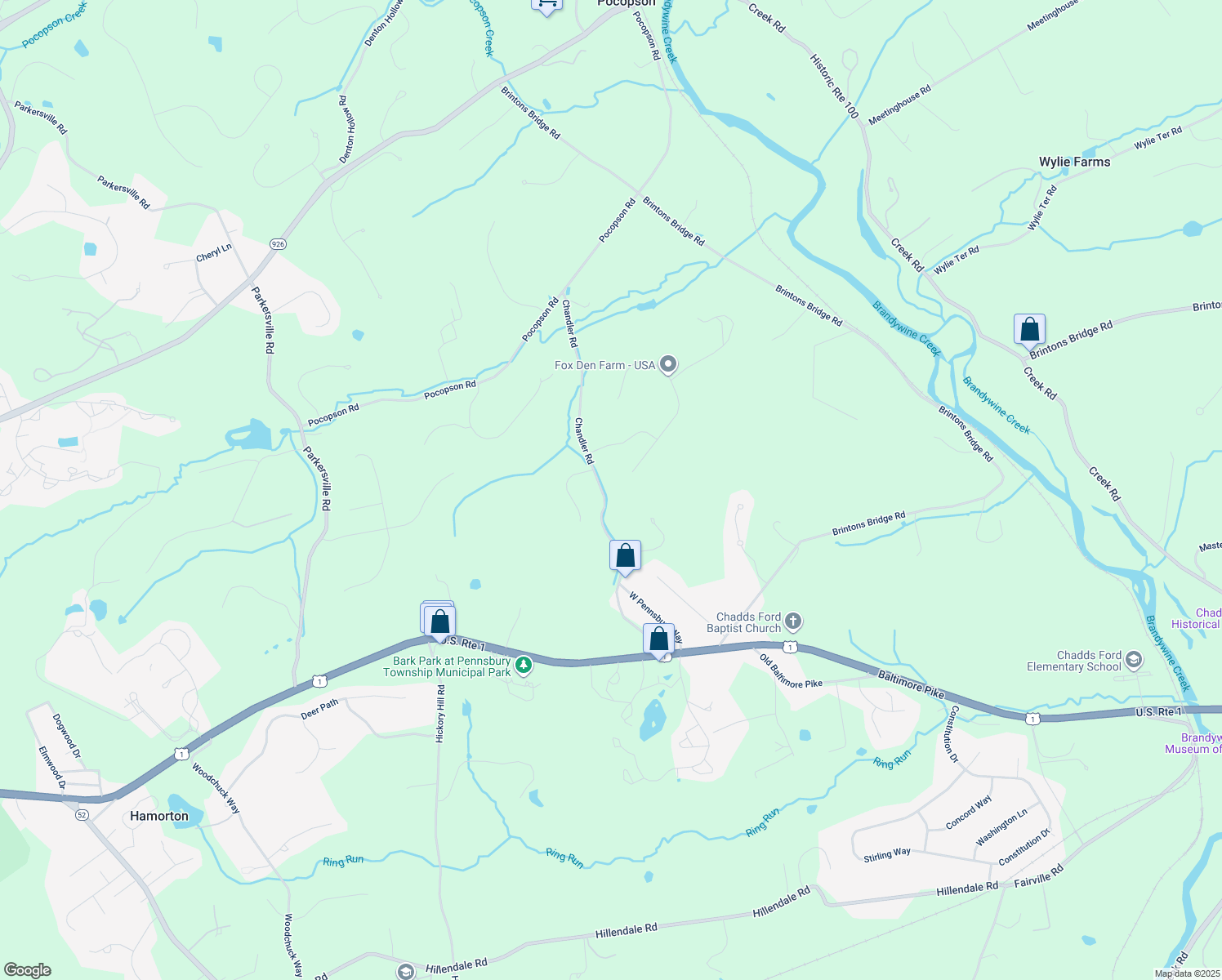 map of restaurants, bars, coffee shops, grocery stores, and more near 34 Blue Stone Court in Chadds Ford