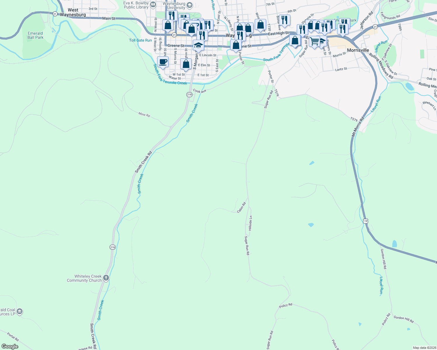 map of restaurants, bars, coffee shops, grocery stores, and more near 327 Sugar Run Road in Waynesburg
