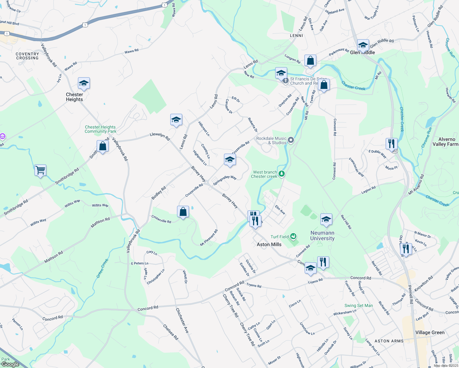 map of restaurants, bars, coffee shops, grocery stores, and more near 44 Steeplechase Circle in Aston