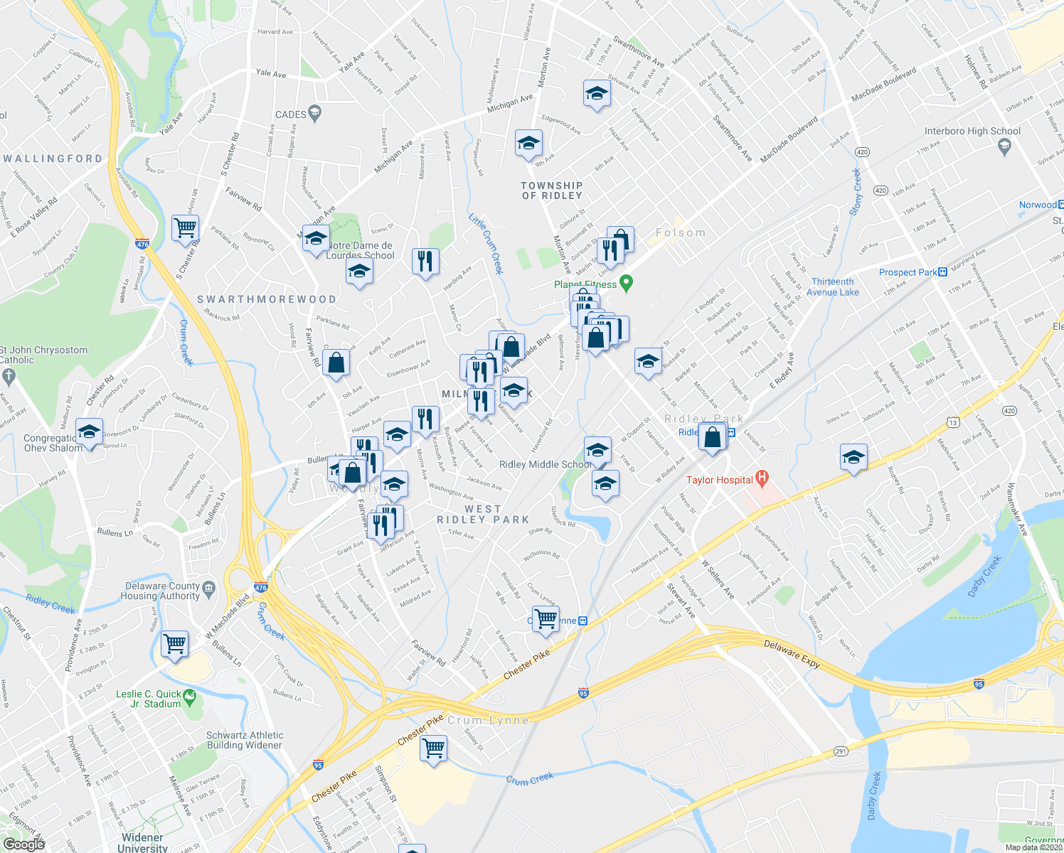 map of restaurants, bars, coffee shops, grocery stores, and more near 109 Baltimore Avenue in Folsom