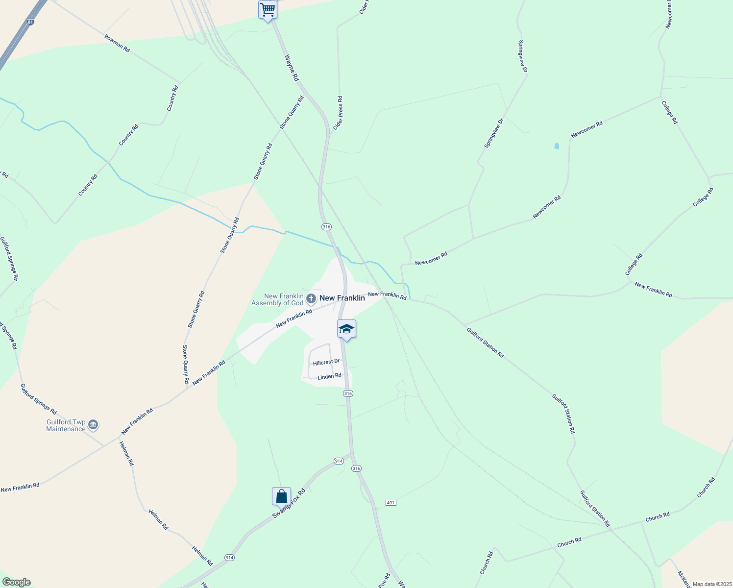 map of restaurants, bars, coffee shops, grocery stores, and more near 2461 New Franklin Road in Chambersburg