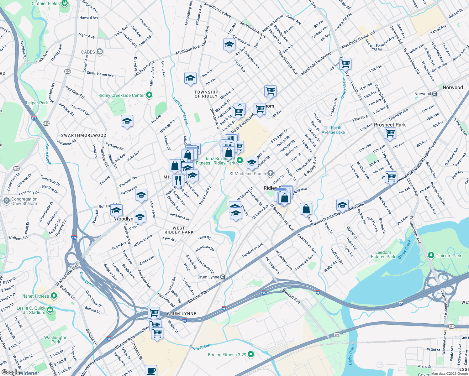 map of restaurants, bars, coffee shops, grocery stores, and more near 200 West Rodgers Street in Ridley Park