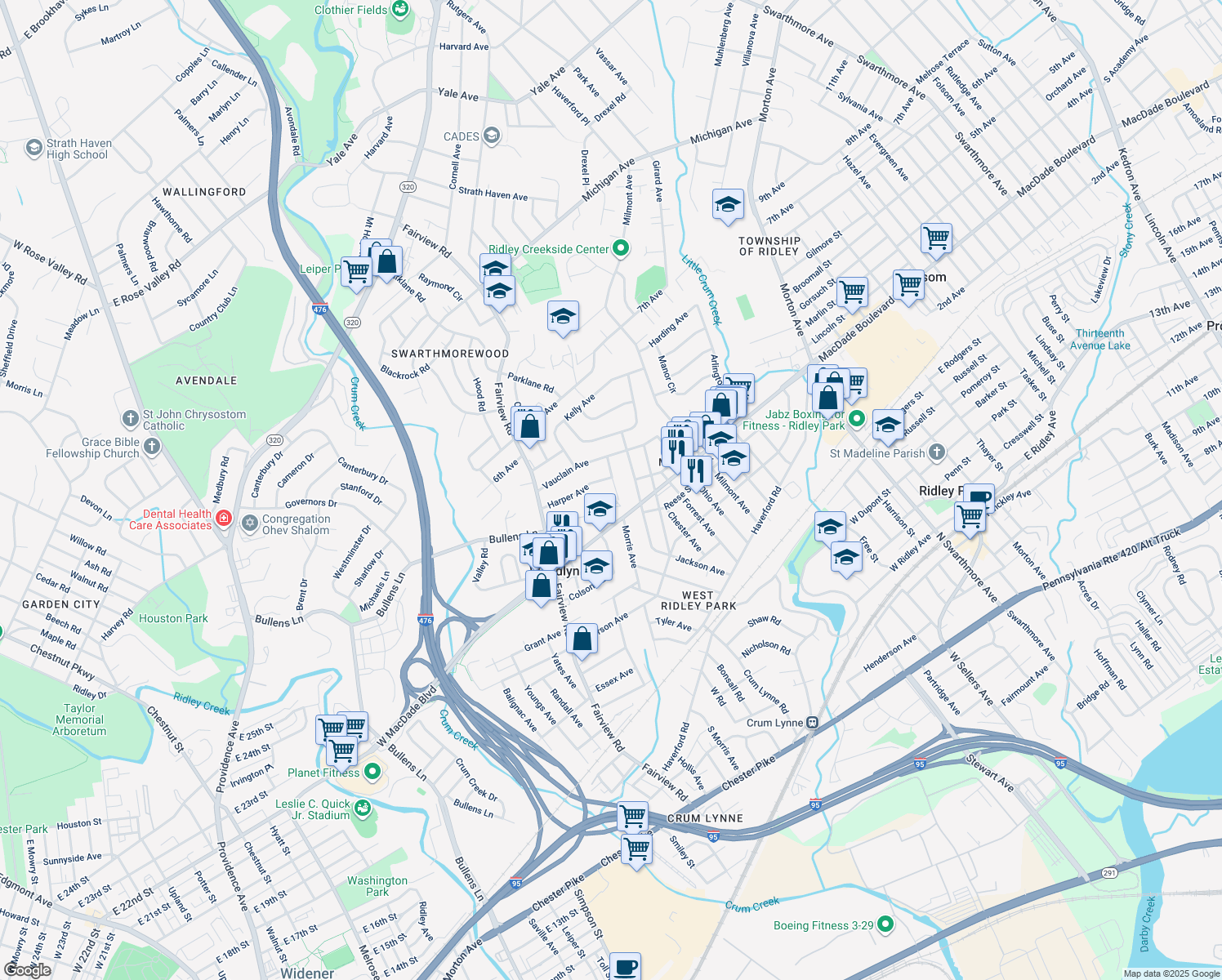 map of restaurants, bars, coffee shops, grocery stores, and more near 337 Morris Avenue in Woodlyn